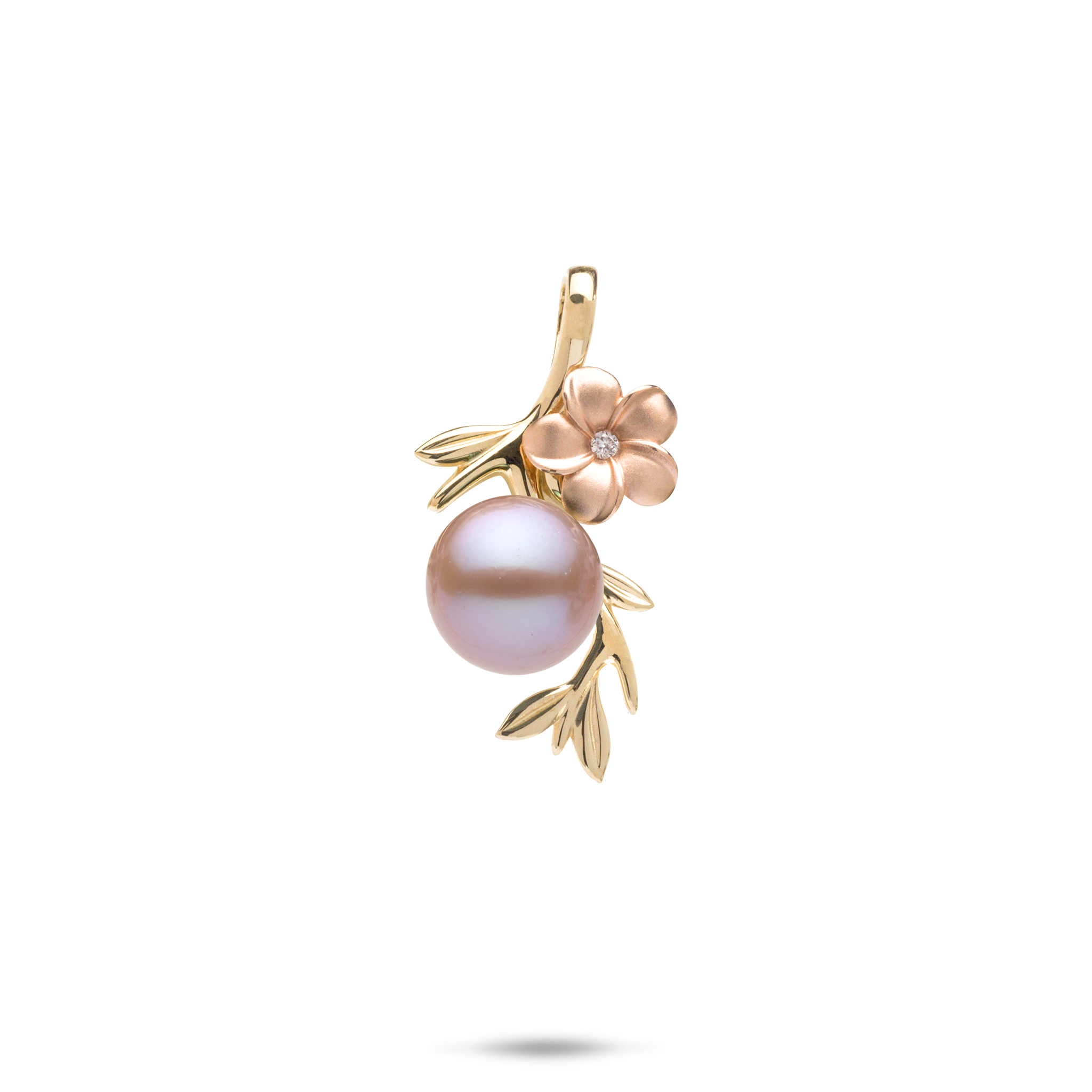 Pearls in Bloom Plumeria-Lavendel-Süßwasserperlen-Anhänger in zweifarbigem Gold mit Diamanten – 25 mm