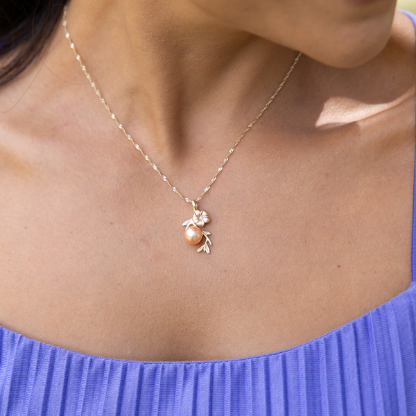 Pearls in Bloom Plumeria Peach Freshwater Pearl Pendant in Two Tone Gold with Diamonds - 8mm