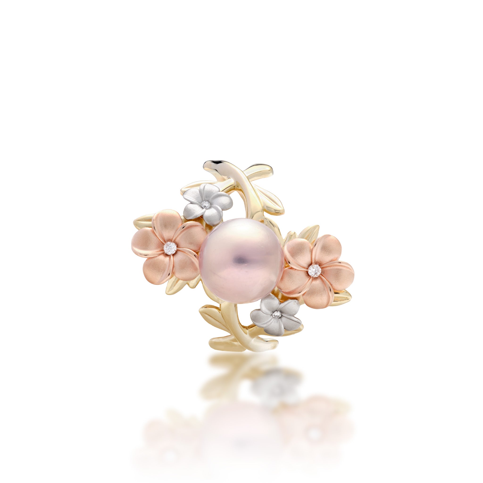 Top view of the 22mm Pearls in Bloom Plumeria Lavender Freshwater Pearl Ring in Tri Color Gold with Diamonds on a white background