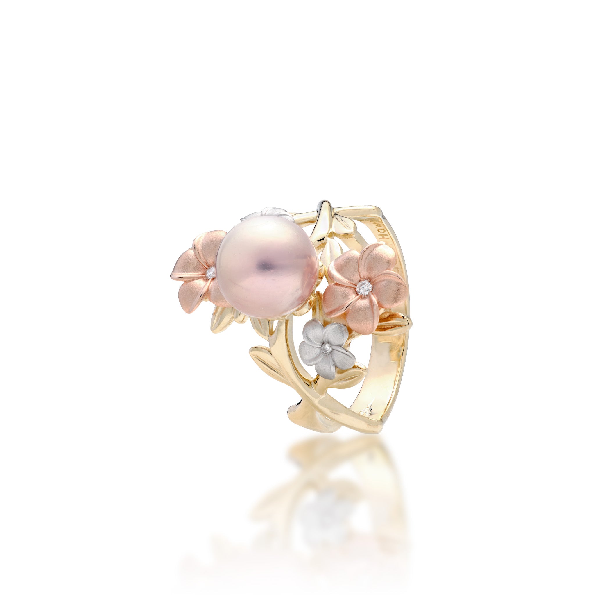 Angle view of the 22mm Pearls in Bloom Plumeria Lavender Freshwater Pearl Ring in Tri Color Gold with Diamonds on a white background