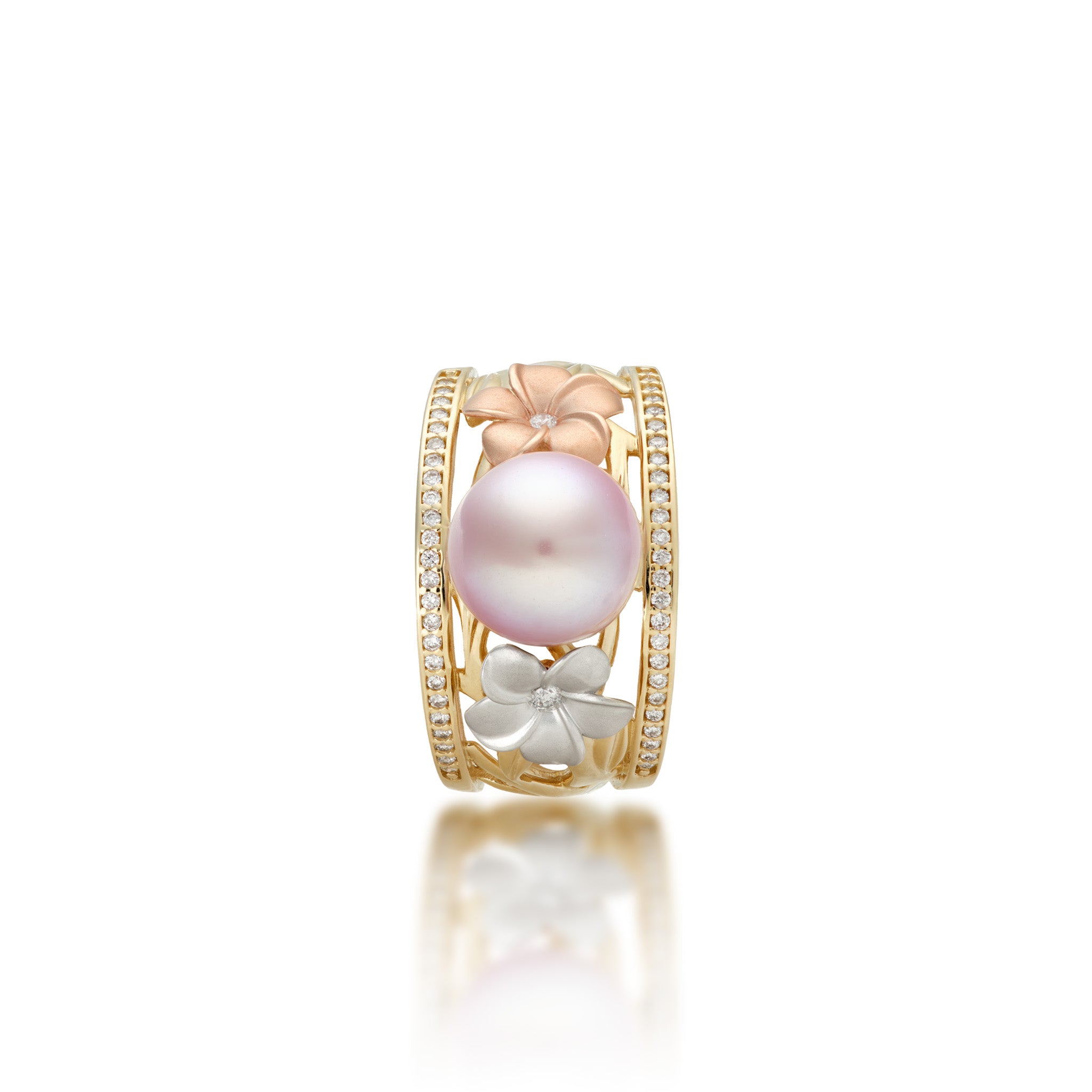 Top view of the 12mm Pearls in Bloom Plumeria Lavender Freshwater Pearl Ring in Tri Color Gold with Diamonds on a white background