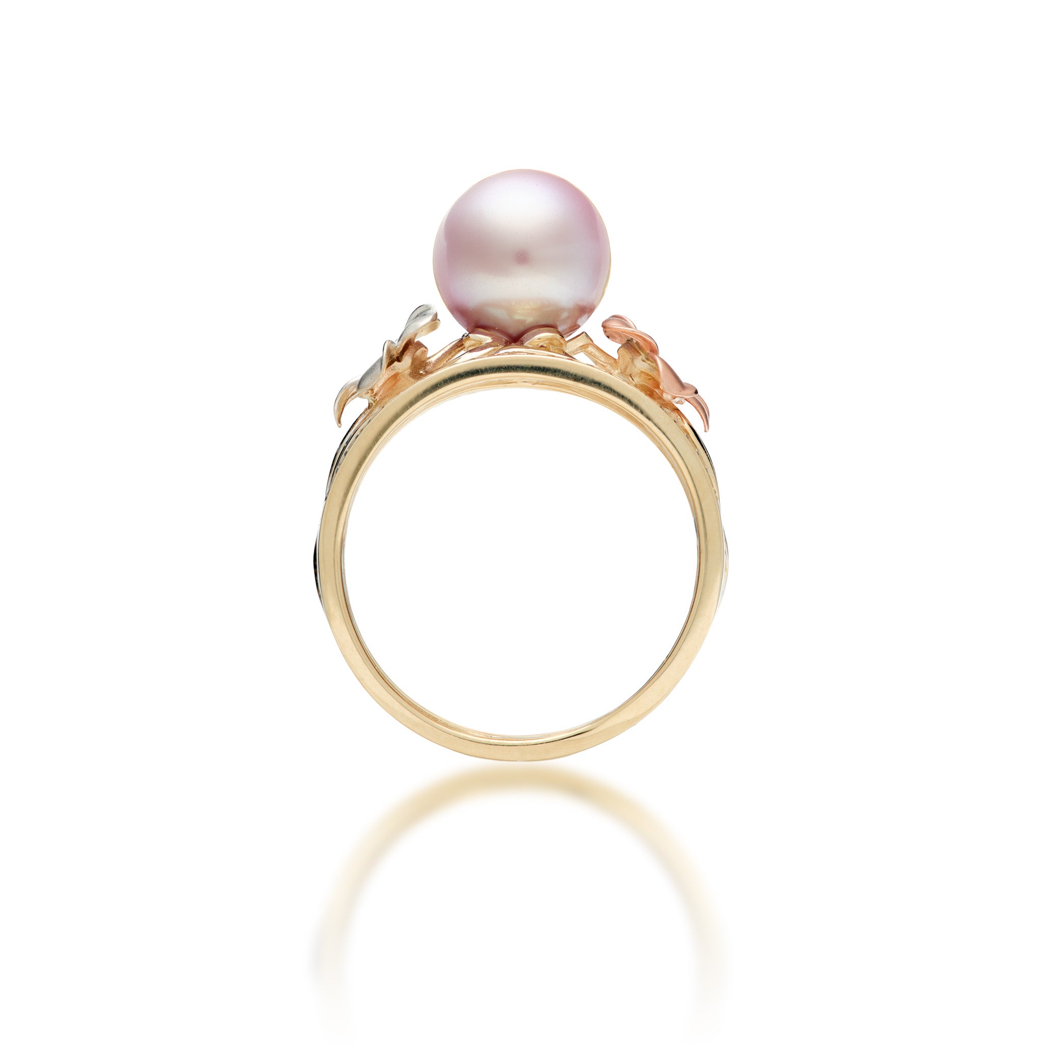 Band view of the 12mm Pearls in Bloom Plumeria Lavender Freshwater Pearl Ring in Tri Color Gold with Diamonds on a white background