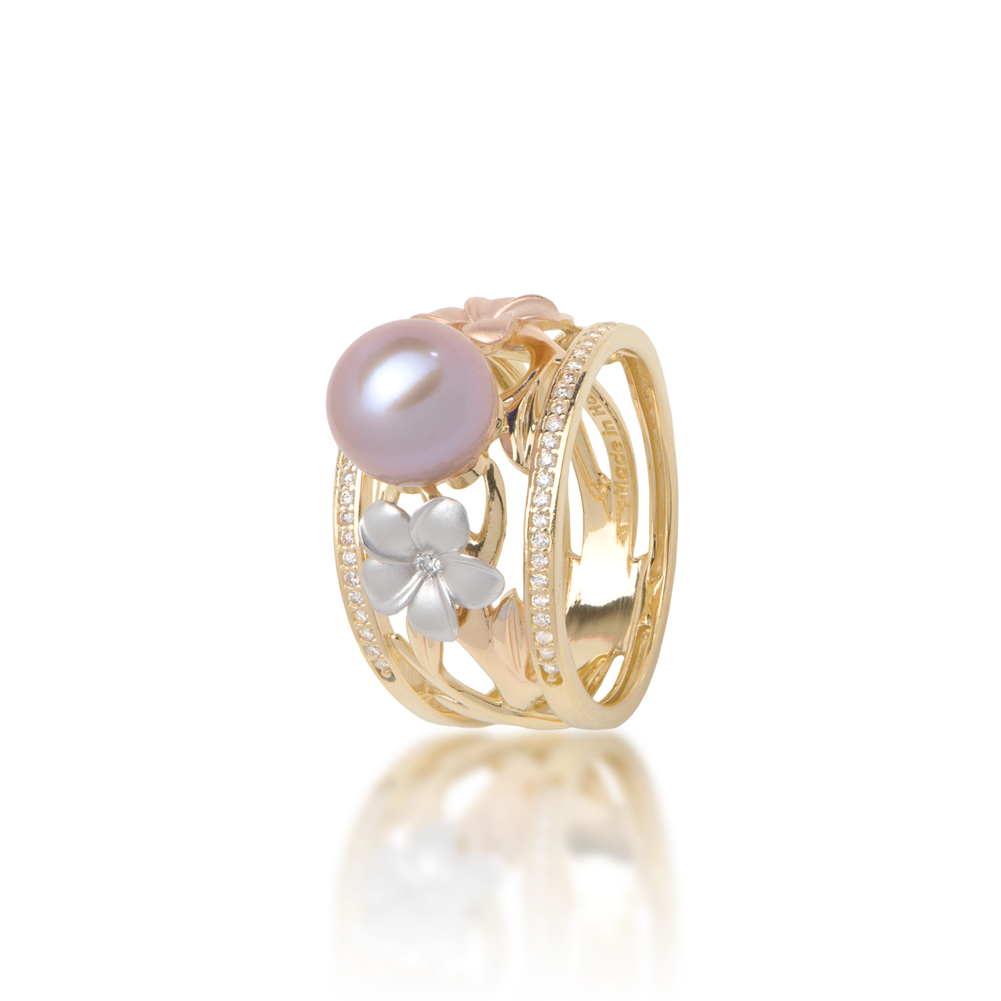 Pearls in Bloom Plumeria-Lavendel-Süßwasserperlen-Ring in dreifarbigem Gold mit Diamanten – 12 mm