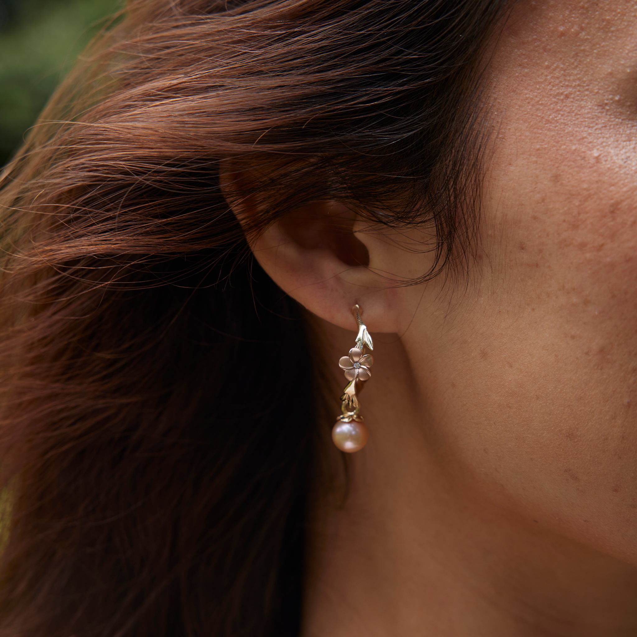 Pearls in Bloom Plumeria Peach Freshwater Pearl Earrings in Two Tone Gold with Diamonds - 22mm