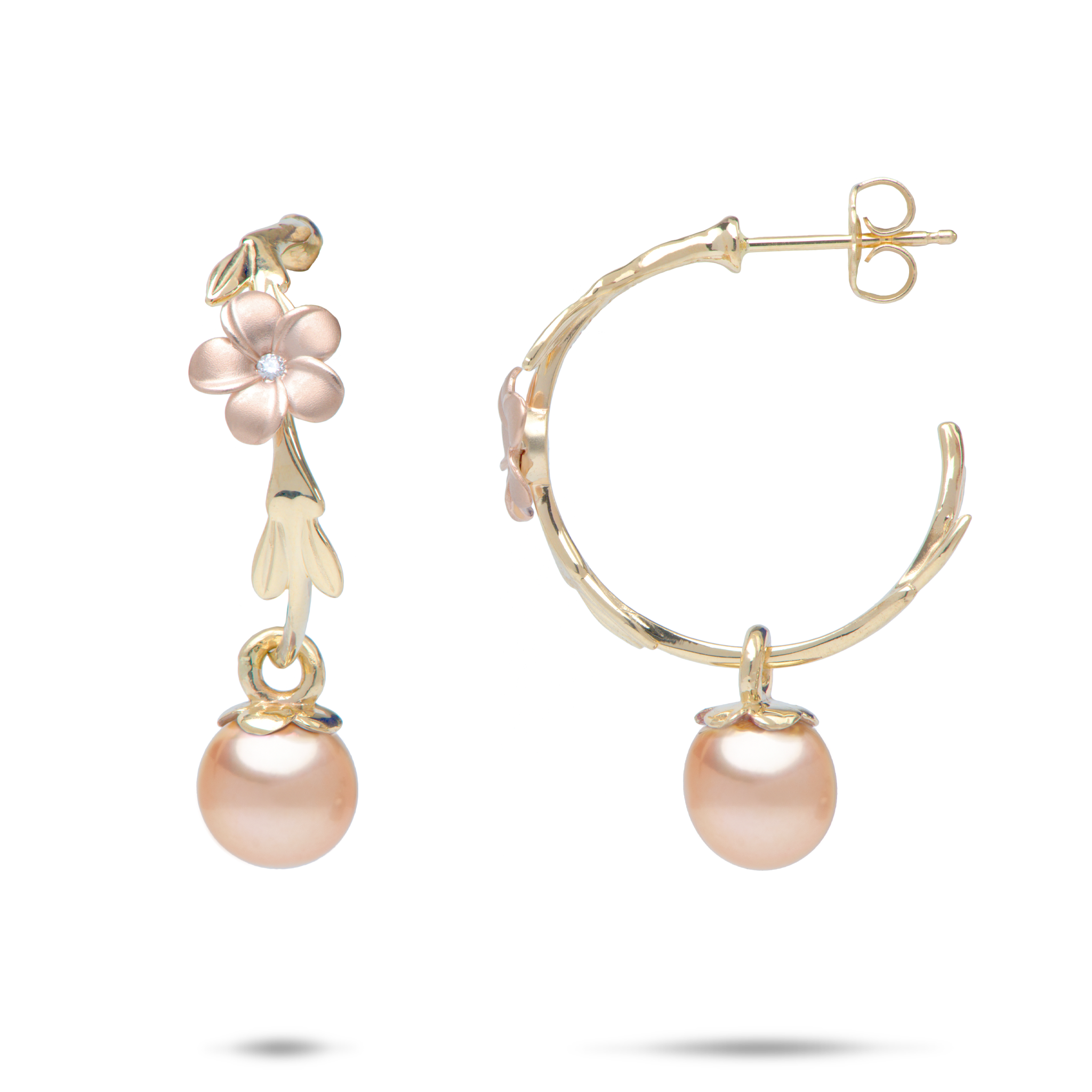 Pearls in Bloom Plumeria Peach Freshwater Pearl Earrings in Two Tone Gold with Diamonds - 22mm