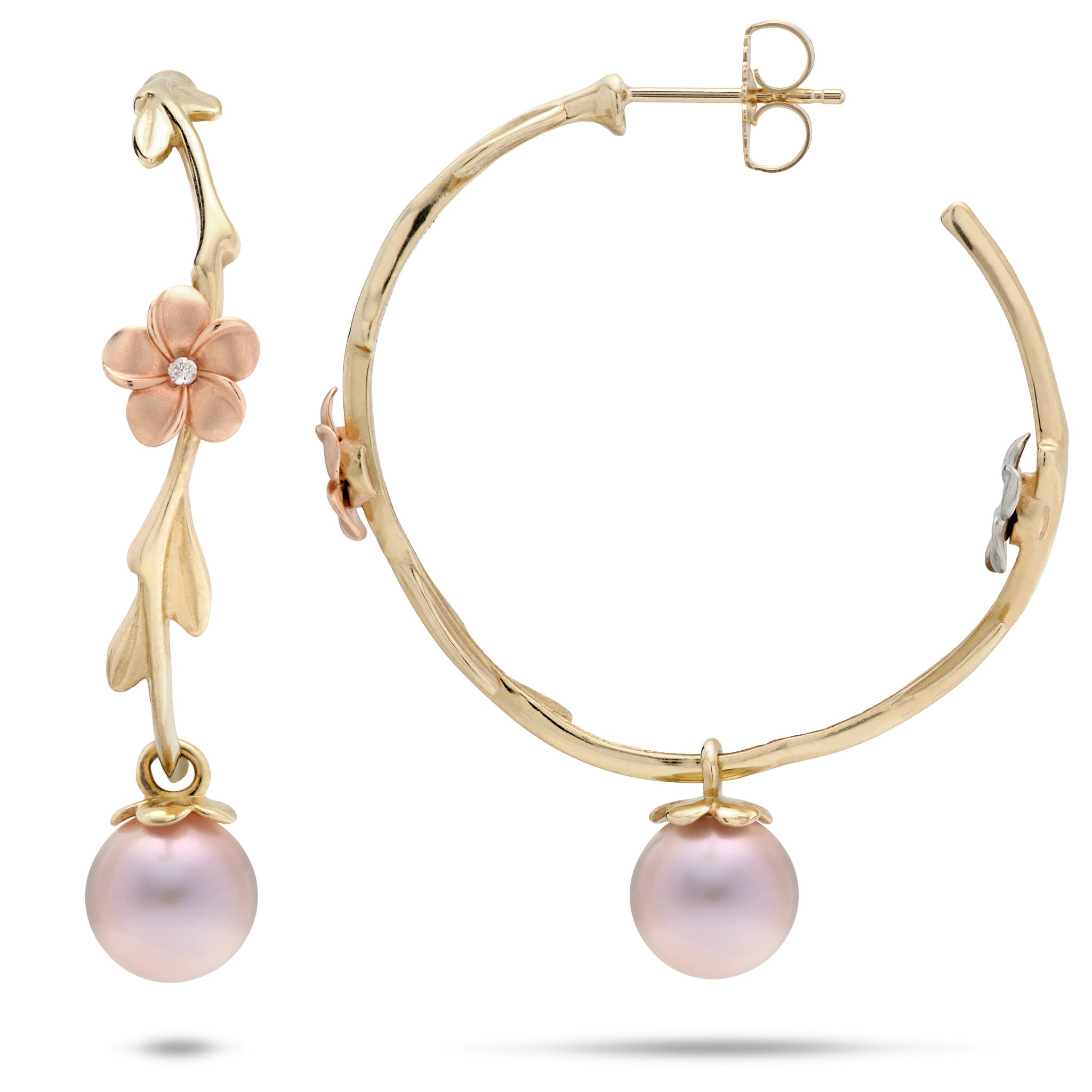 33mm Pearls in Bloom Plumeria Lavender Freshwater Pearl Hoop Earrings in Tri Color Gold with Diamonds on a white background