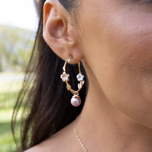 Pearls in Bloom Plumeria Lavender Freshwater Pearl Earrings in Tri Color Gold with Diamonds - 33mm
