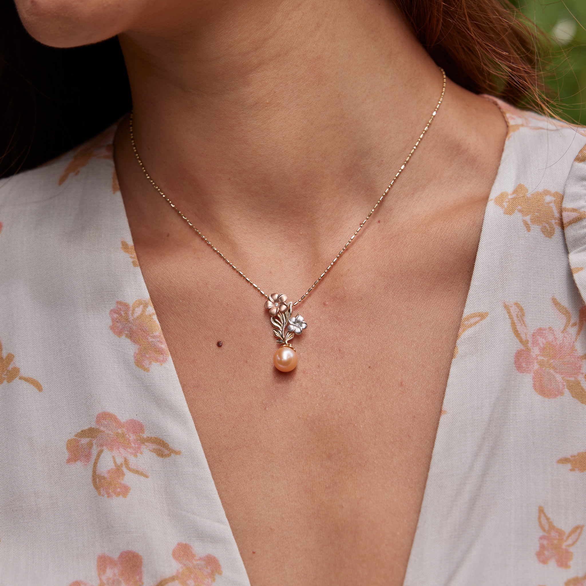Pearls in Bloom Plumeria Peach Freshwater Pearl Pendant in Tri Color Gold with Diamonds