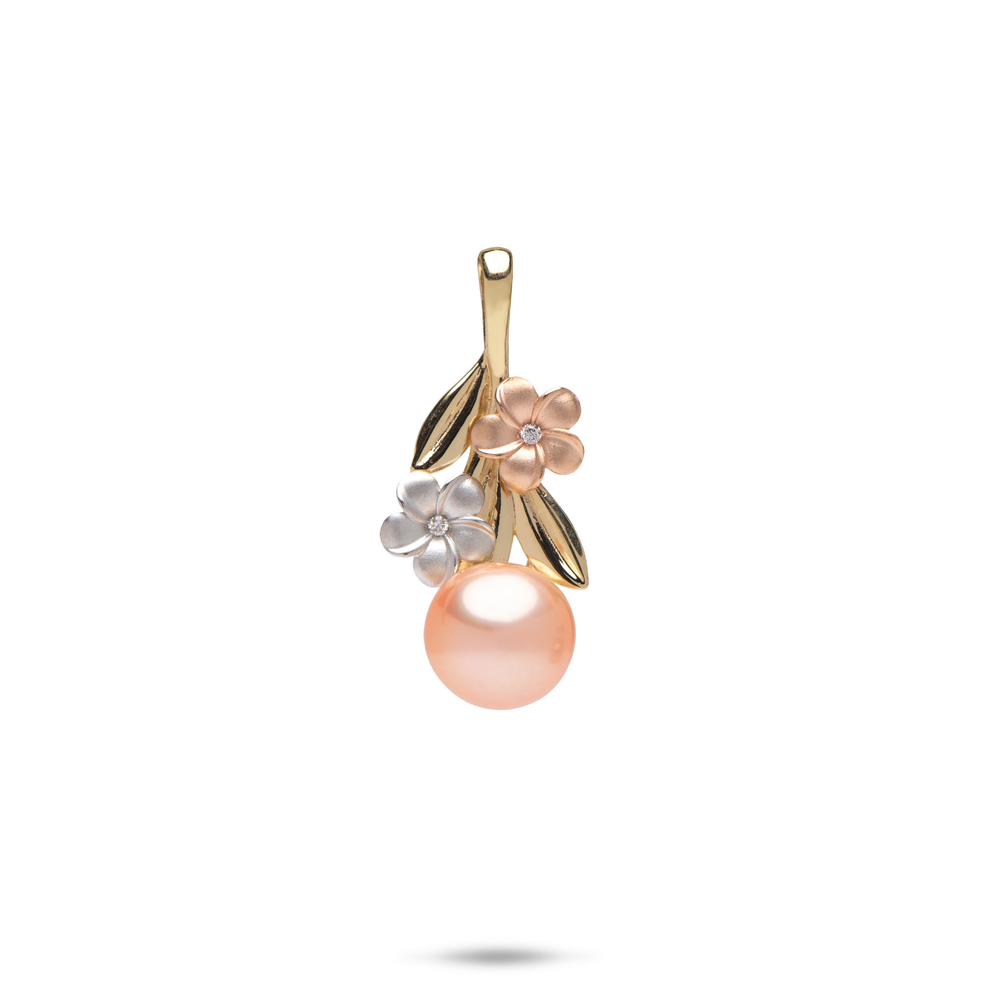 Pearls in Bloom Plumeria Peach Freshwater Pearl Pendant in Tri Color Gold with Diamonds