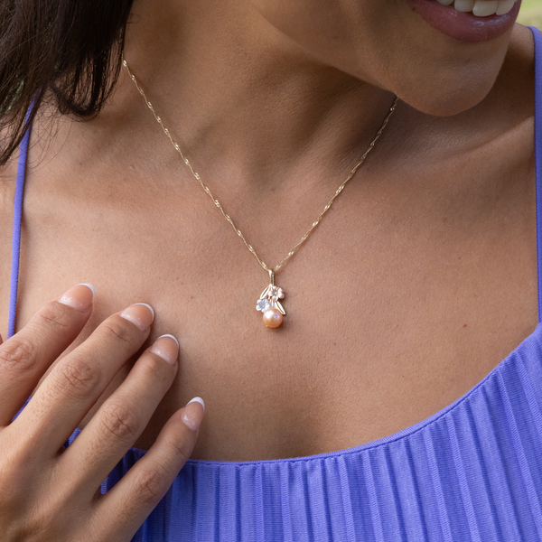 Pearls in Bloom Plumeria Peach Freshwater Pearl Pendant in Tri Color Gold with Diamonds
