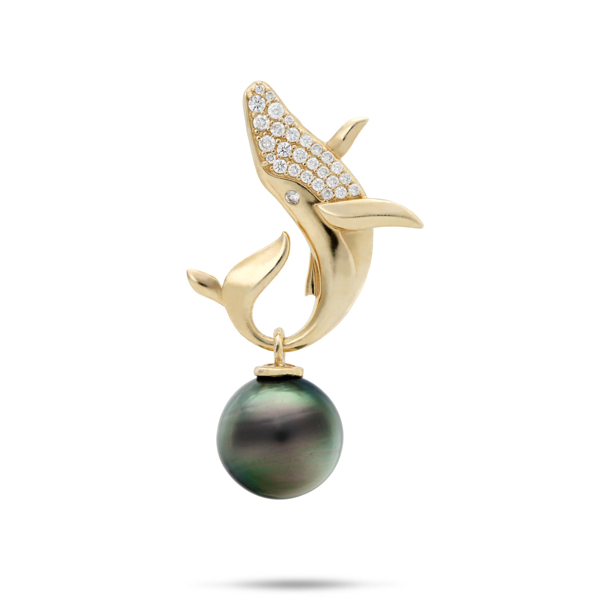 Diamond Humpback Whale Pendant in 14k Yellow Gold with a dangling 9-10mm Tahitian Black Pearl on a white background