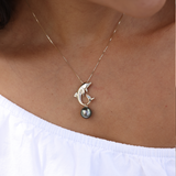 Ocean Dance Dolphin Tahitian Black Pearl Pendant in Gold with Diamonds - 9-10mm