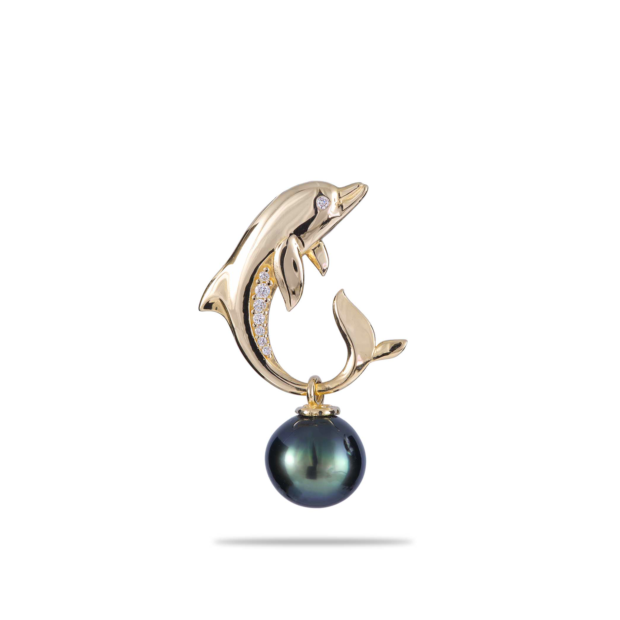 Ocean Dance Dolphin Tahitian Black Pearl Pendant Gold with Diamonds - 9-10 mm