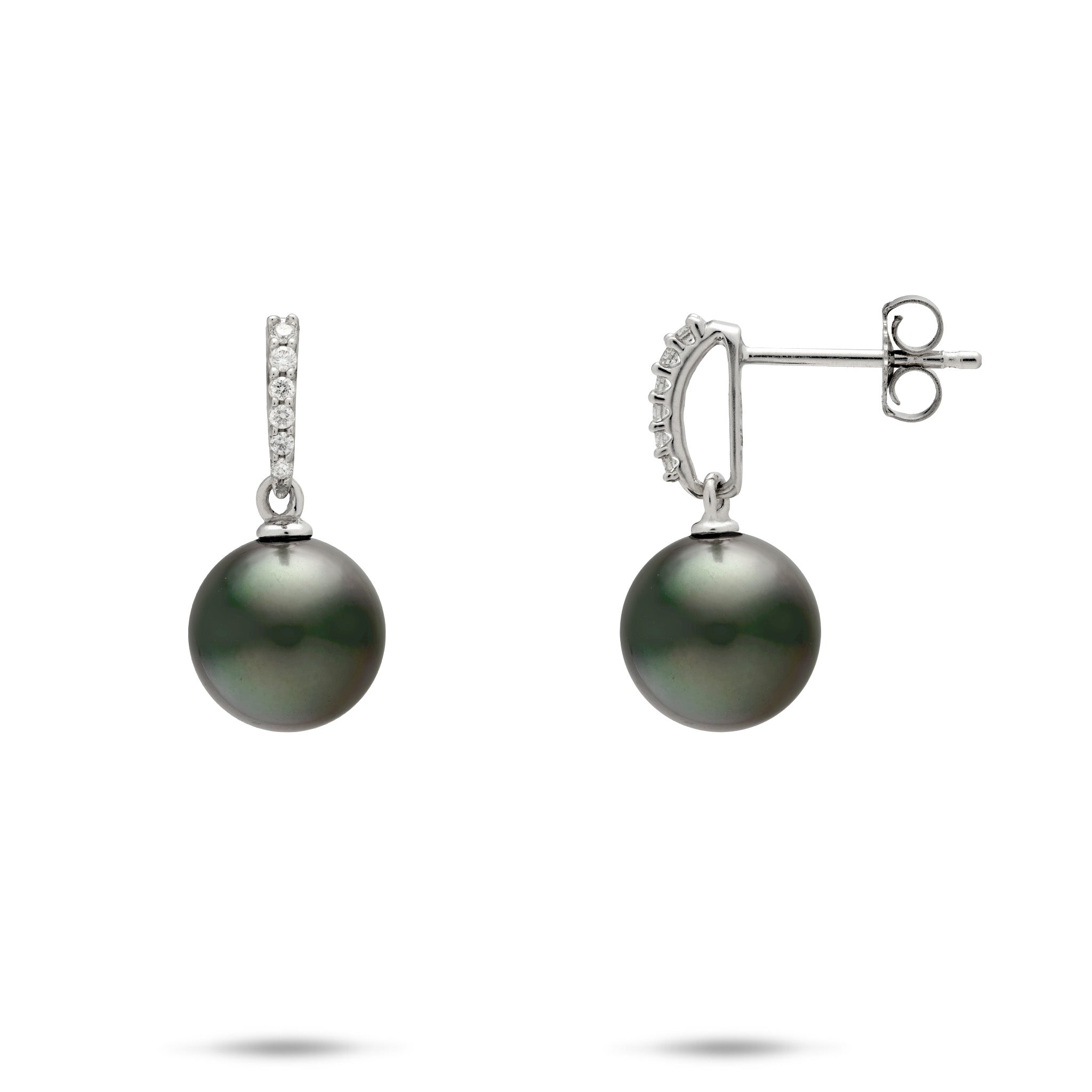 A pair of 14k white gold drop earrings featuring a Tahitian black pearl and a small row of diamonds, shown on a white background with one earring facing forward and the other showing the post and butterfly back.