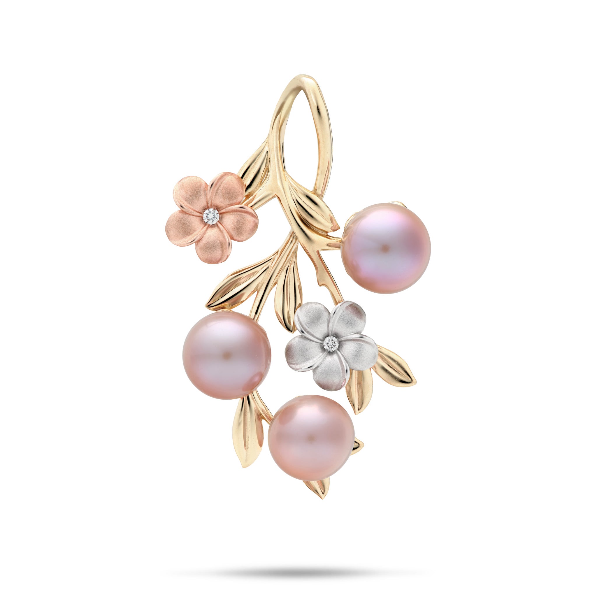 A delicate plumeria jewelry pendant featuring three lvander freshwater pearls, one diamond-accented plumeria in white gold, one diamond-accented plumeria in rose gold,  arranged on a gold branch against a white background.