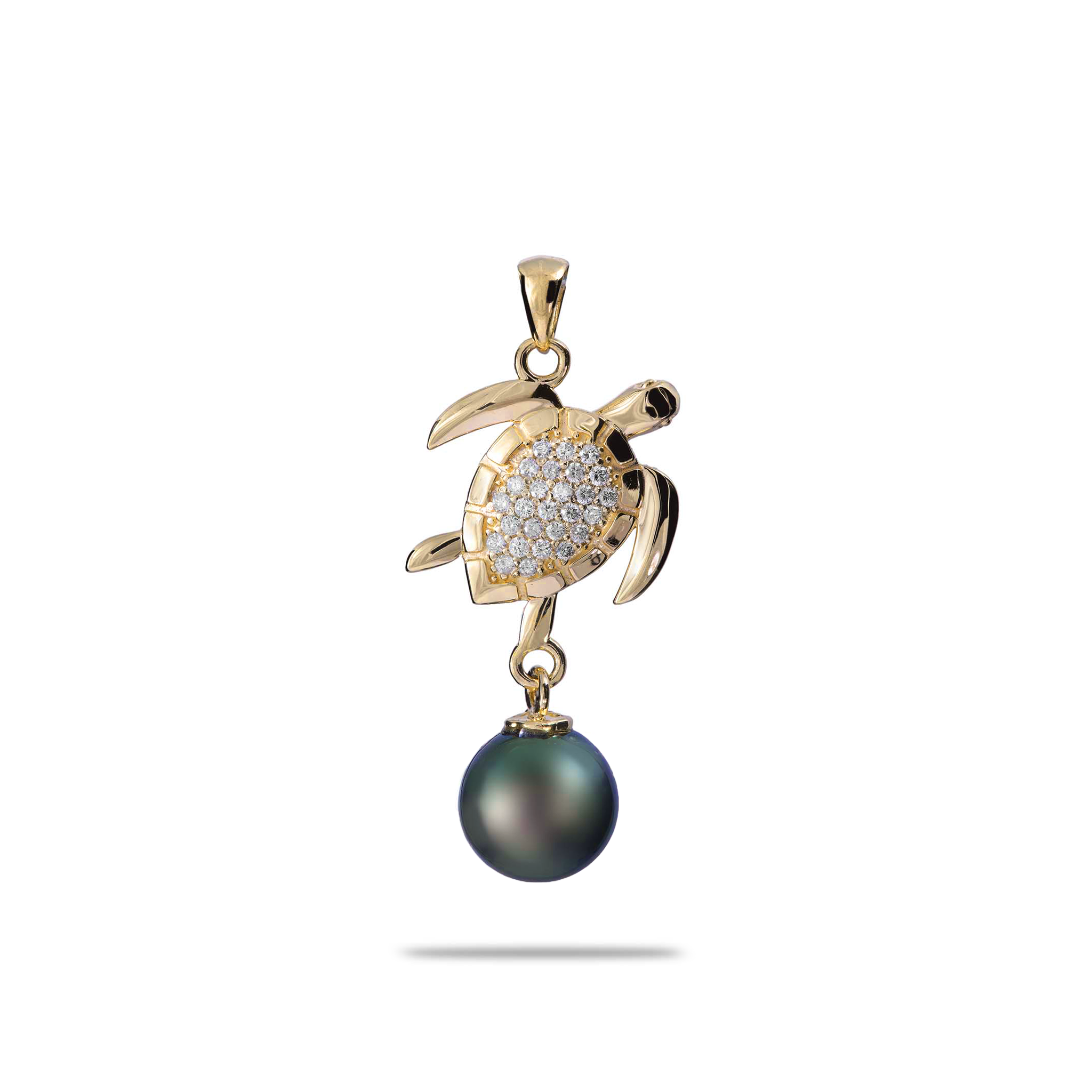 Ocean Dance Honu (Sea Turtle) Tahitian Black Pearl Pendant in Gold with Diamonds - 9-10mm