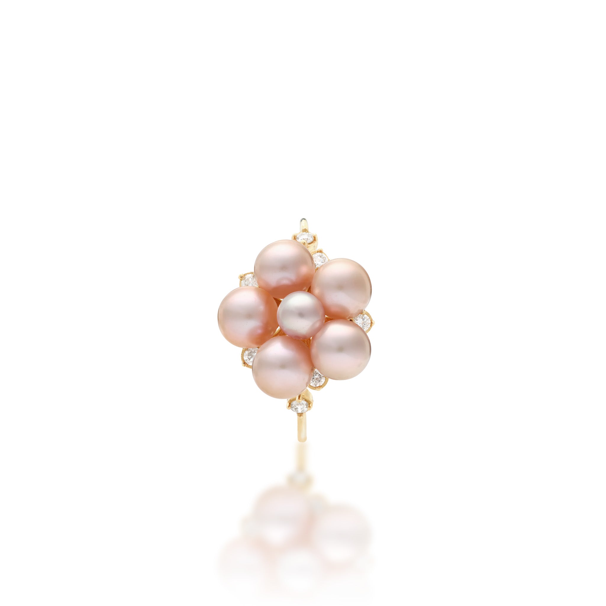Top view of a Tiny Bubbles 3-5mm Freshwater Lavender Pearl Ring in 14k Yellow Gold with Diamonds on a white background