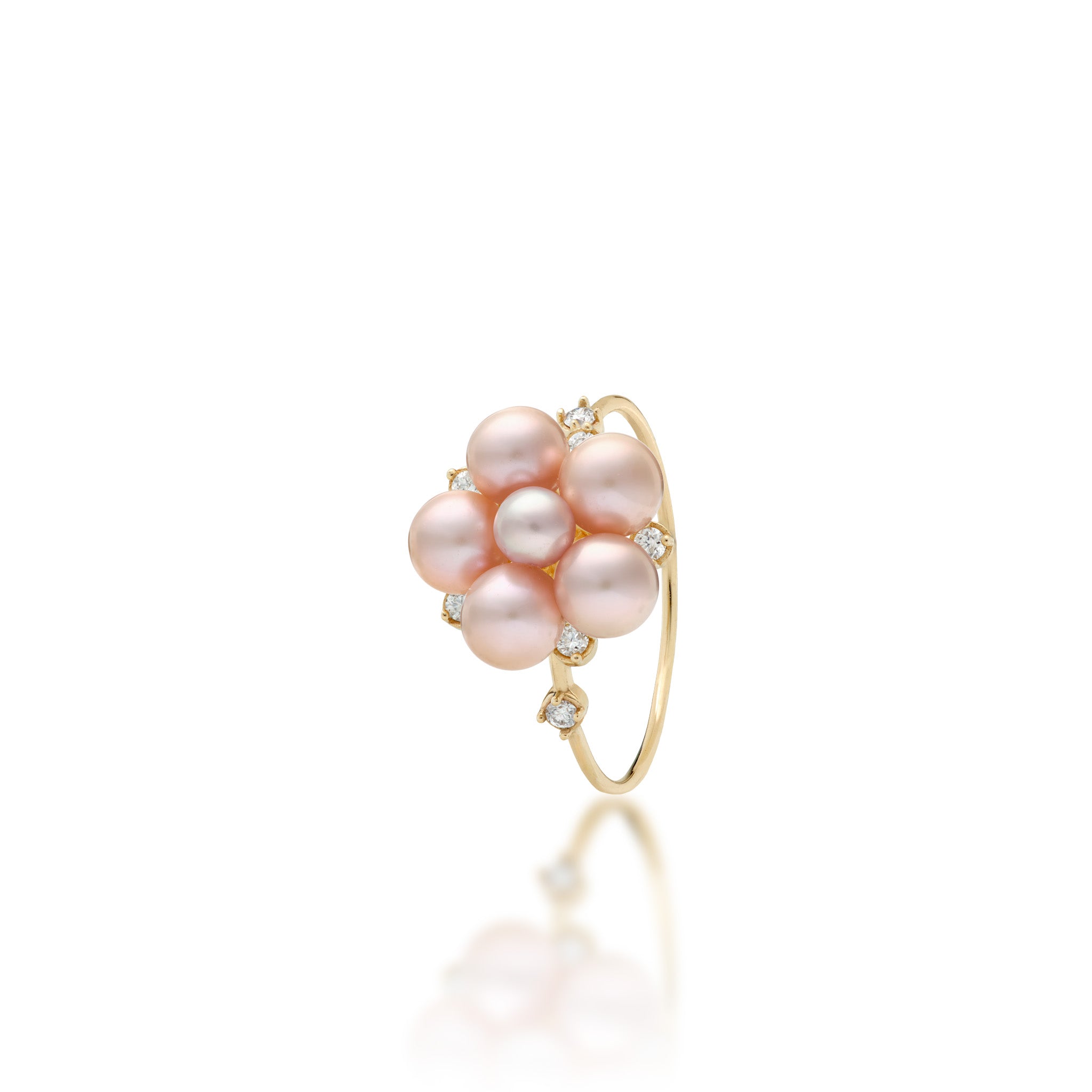 Angle view of a Tiny Bubbles 3-5mm Freshwater Lavender Pearl Ring in 14k Yellow Gold with Diamonds on a white background
