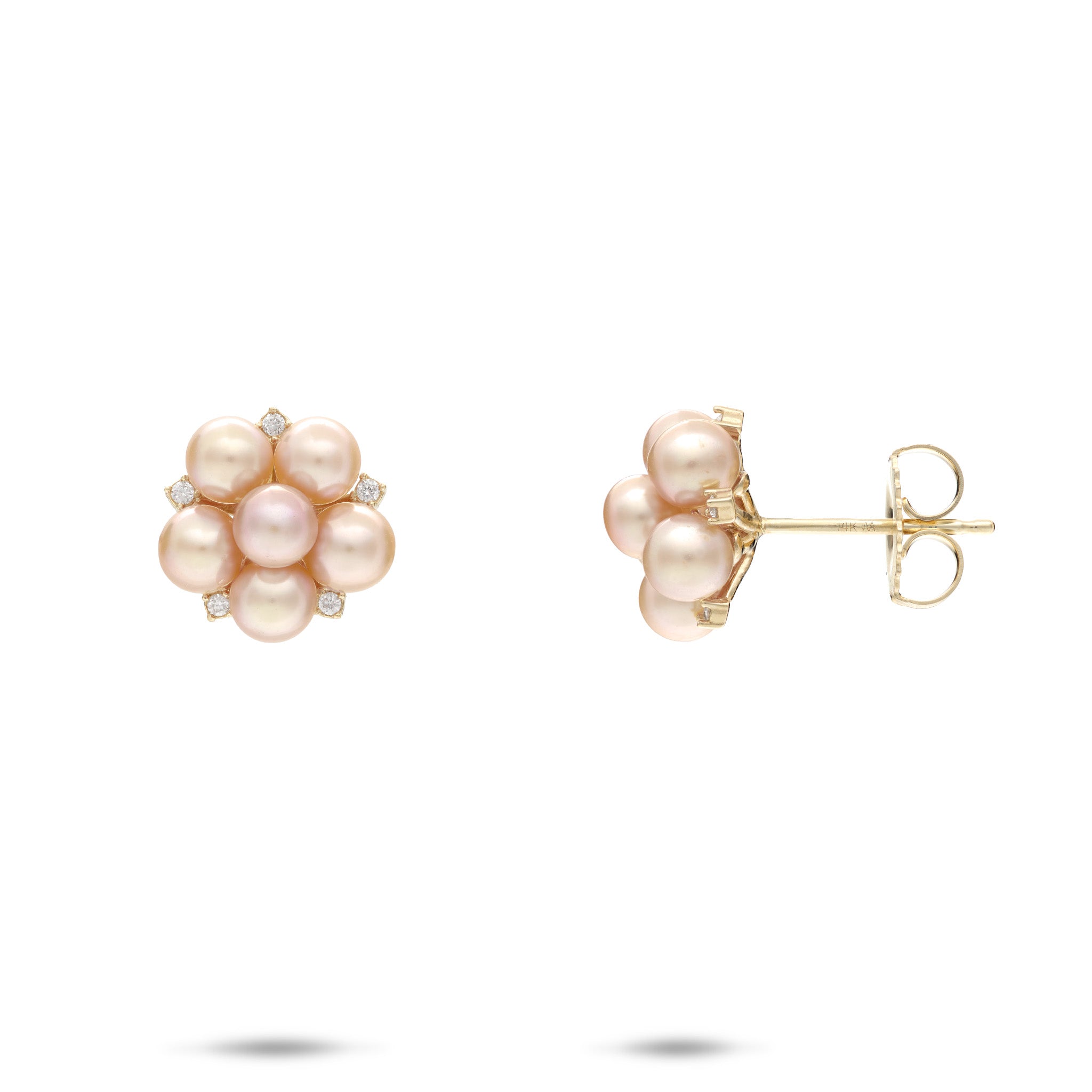 Tiny Bubbles Collection Stud Earrings in 14k Yellow Gold with 3-5mm Freshwater Pink/Peach Pearls and accenting diamonds on a white background