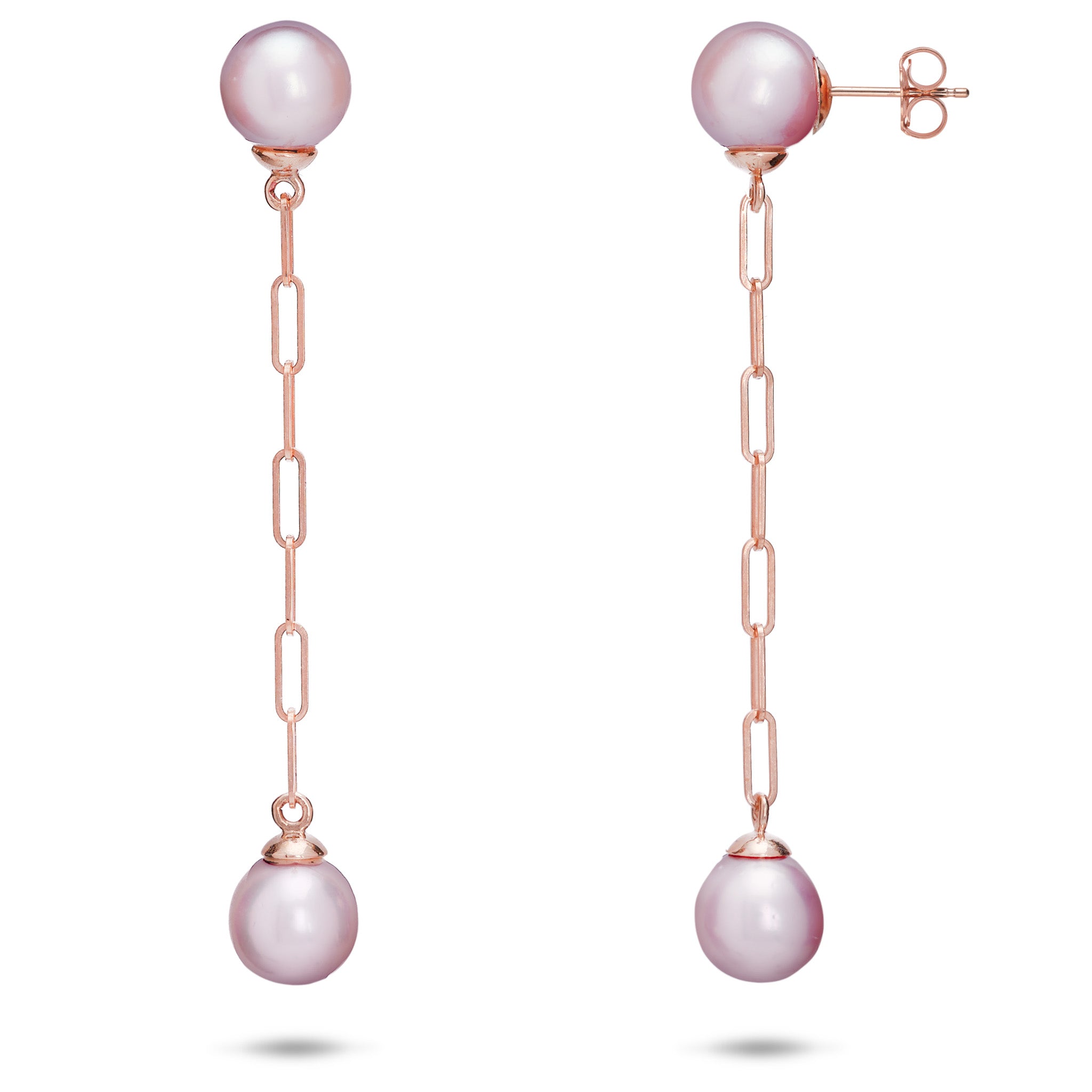 9-10mm Freshwater Ultraviolet Pearl Paperclip Chain Earrings in 14k Rose Gold on a white background