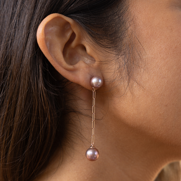 Ultraviolet Freshwater Pearl Paperclip Chain Earrings in Rose Gold - 9-10mm