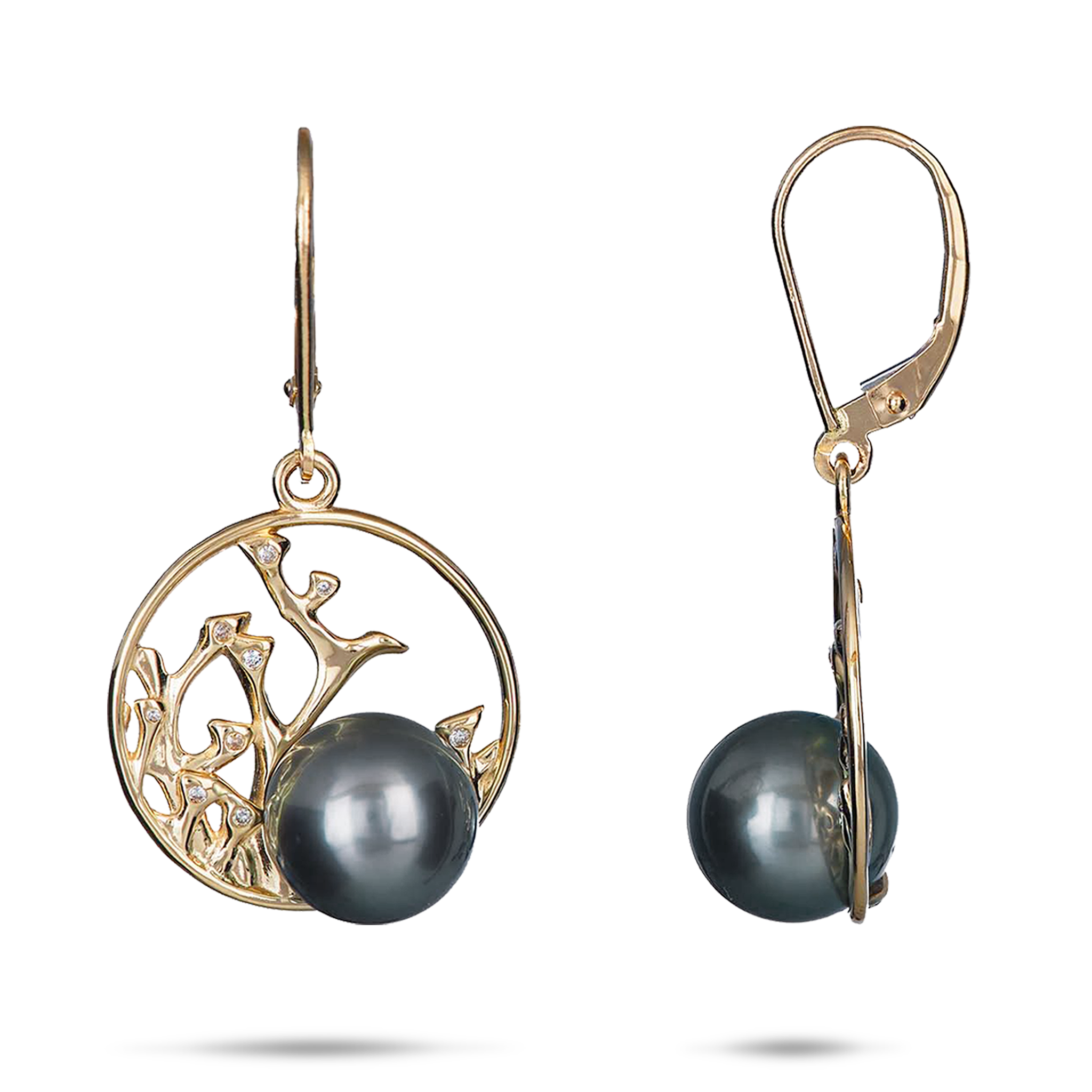 Reefs Tahiti-Ohrringe mit schwarzen Perlen in Gold mit Diamanten – 9–10 mm
