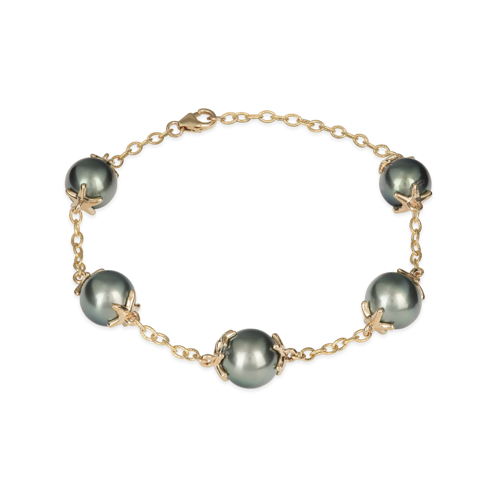 7-8.25" Verstellbares Reefs Starfish Tahitian Black Pearl Armband in Gold - 10-11mm