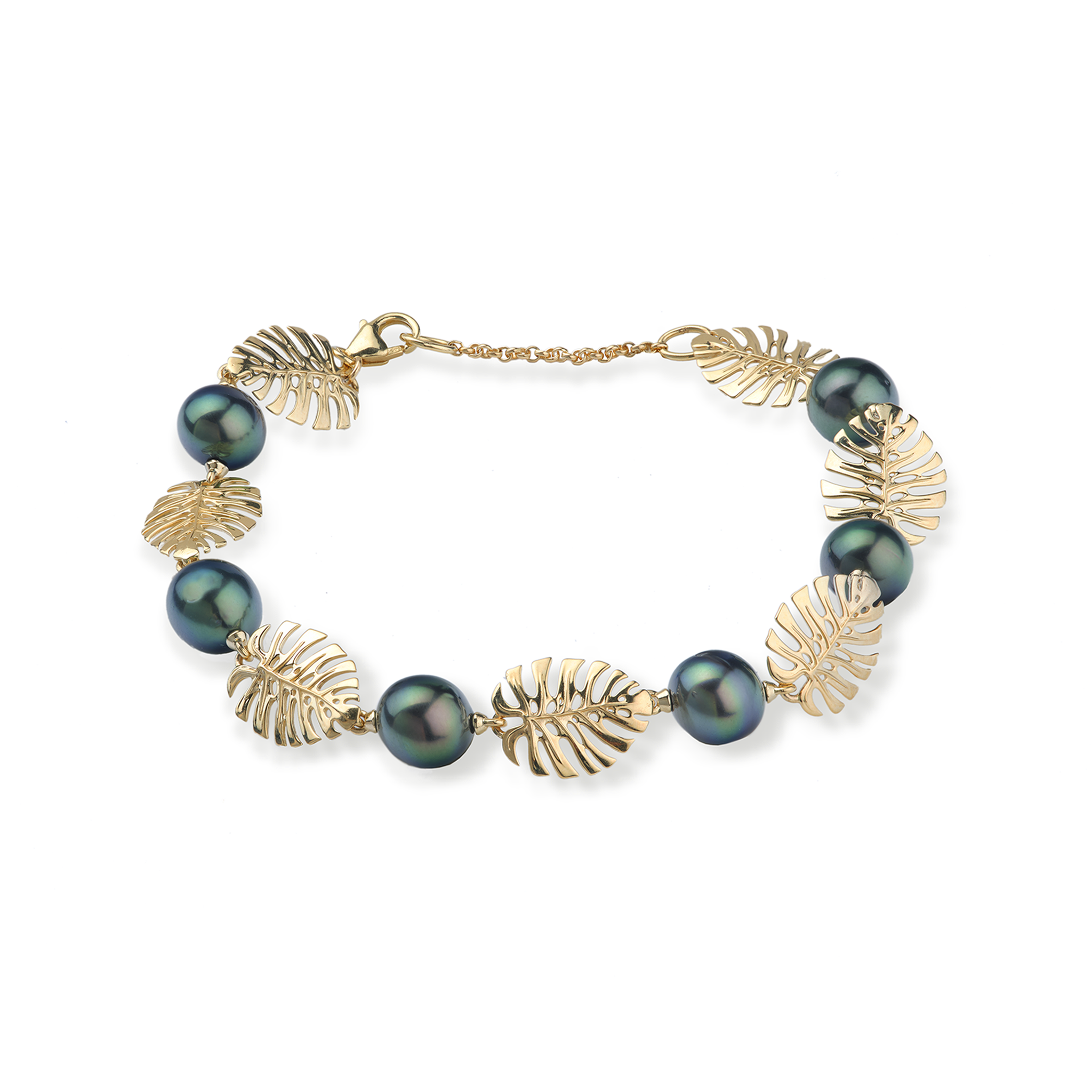 7,5-8,5" verstellbares Monstera Tahiti-Armband mit schwarzen Perlen in Gold – 8-9 mm