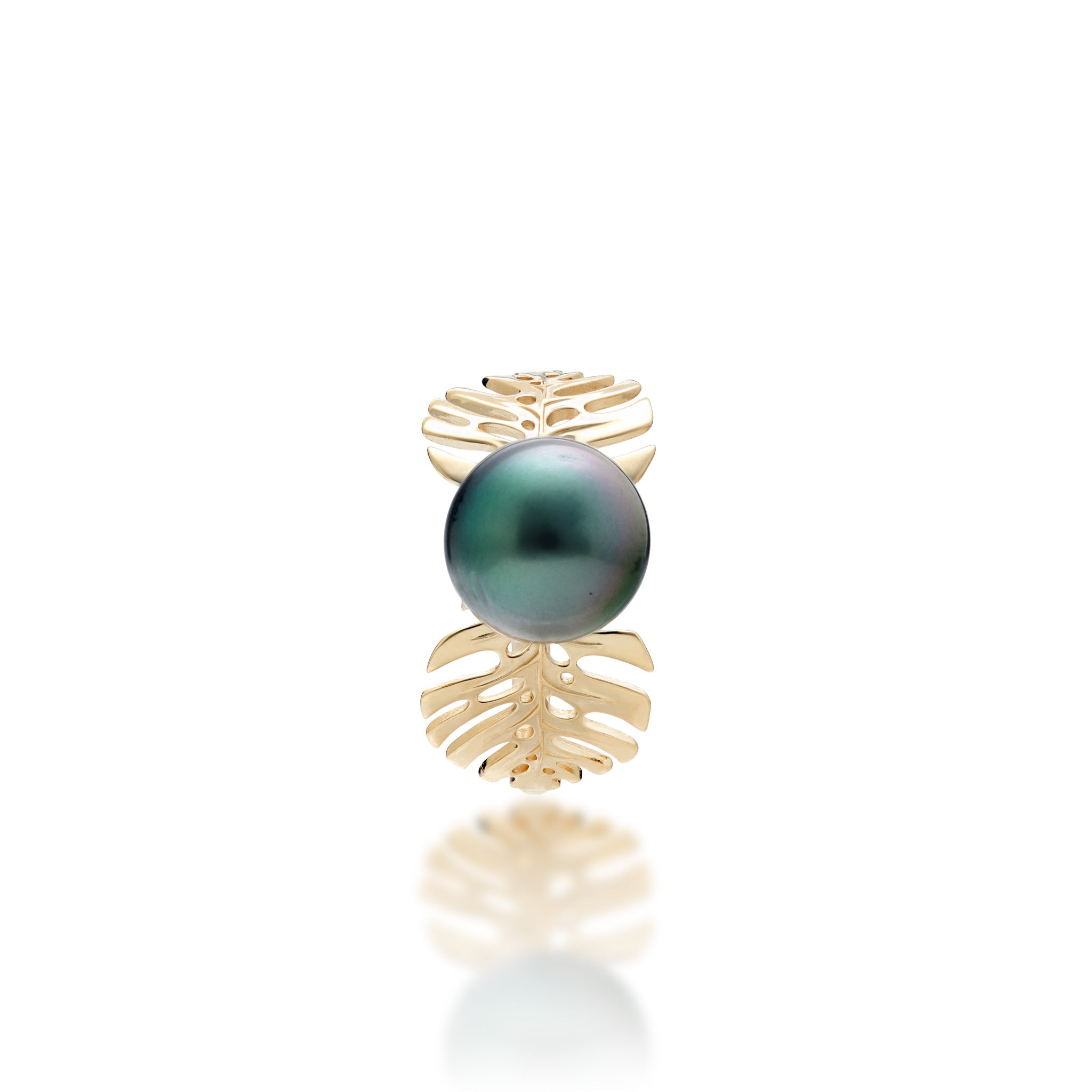 Top view of the Monstera Tahitian Black Pearl Ring in 14k Yellow Gold on a White Background