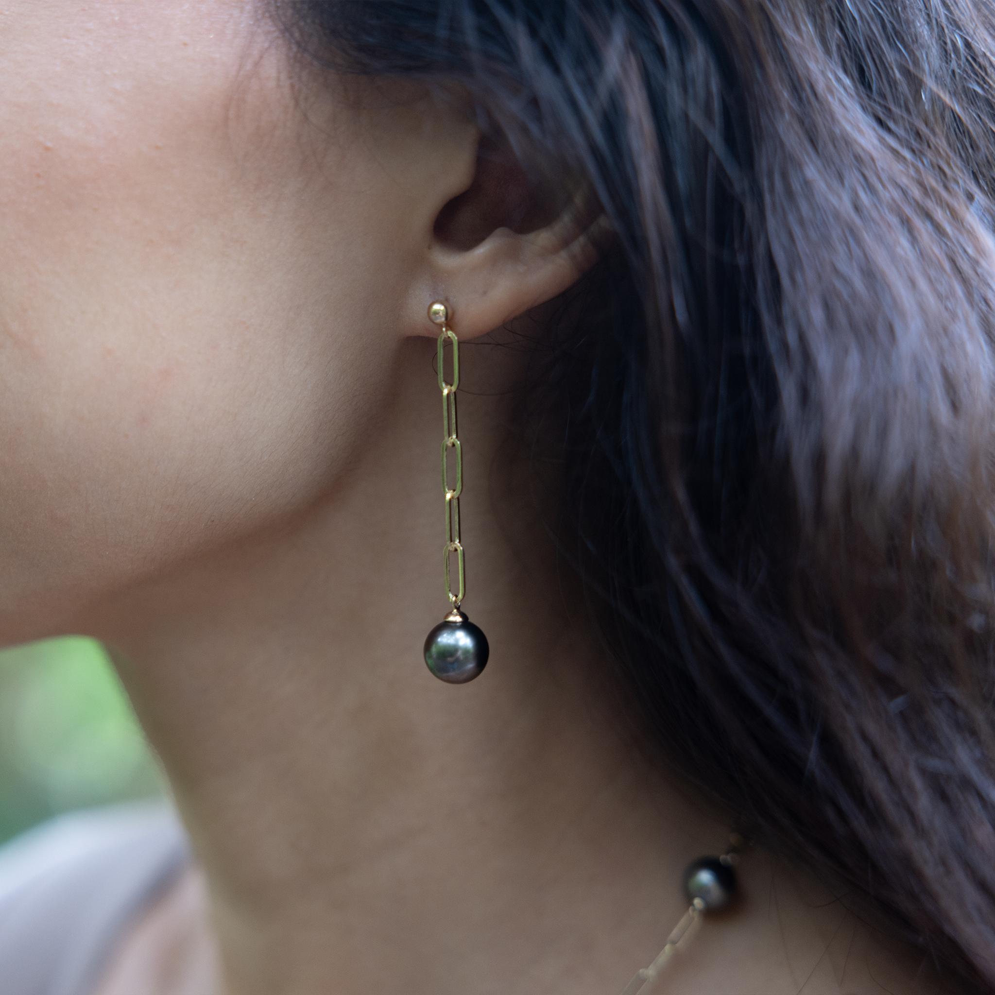Tahitian Black Pearl Paperclip Chain Earrings in Gold - 10-11mm