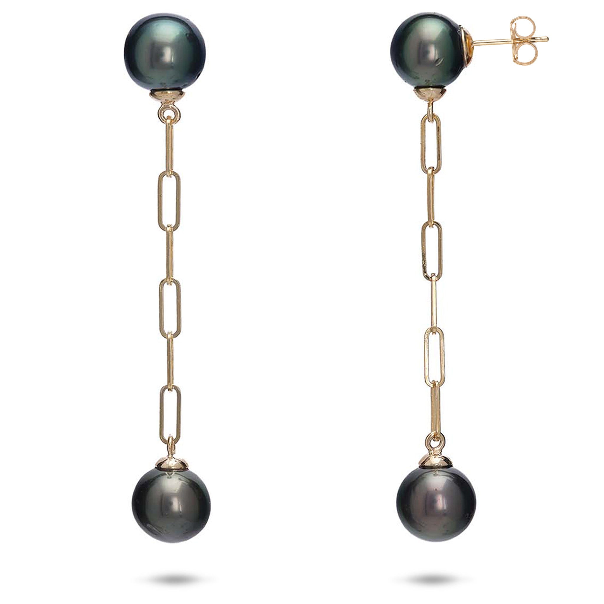 9-11mm Tahitian Black Pearl Paperclip Chain Earrings in 14k Yellow Gold on a white background