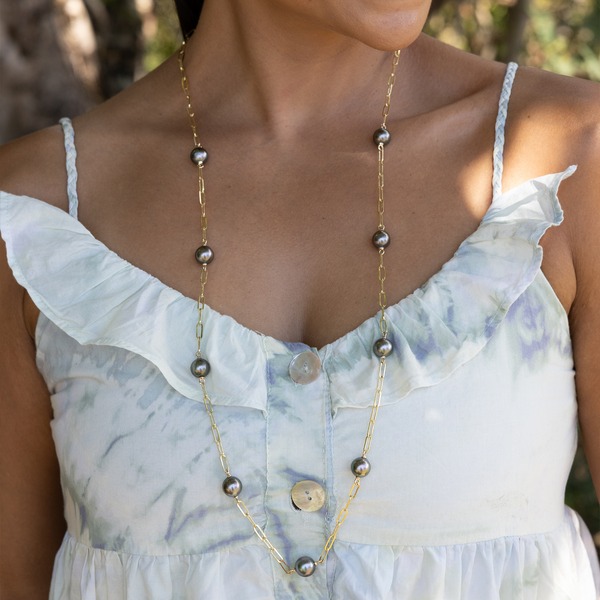 Adjustable 34-35" Tahitian Black Pearl Paperclip Chain Necklace in Gold - 10-11mm