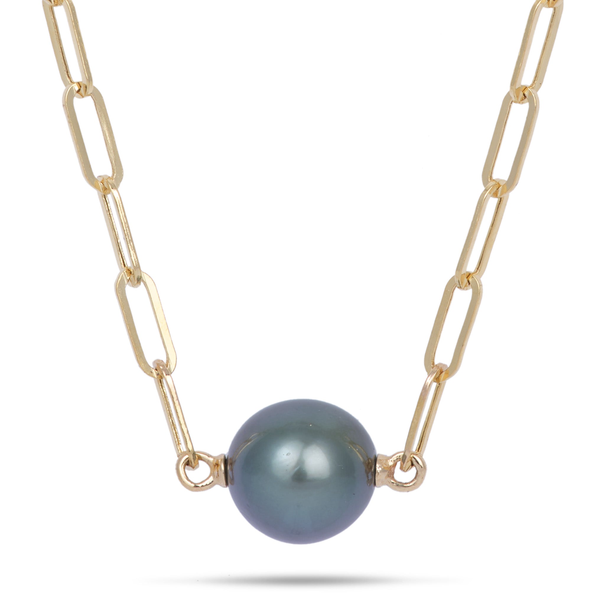 16-17" Tahitian Black Pearl Paperclip Chain Necklace in Gold - 12-13mm