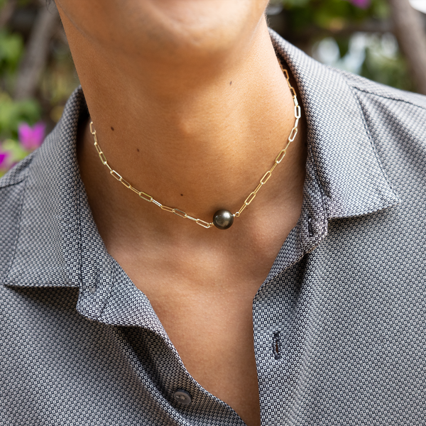 16-17" schwarze Tahiti-Perlenkette mit Büroklammer in Gold - 12-13 mm