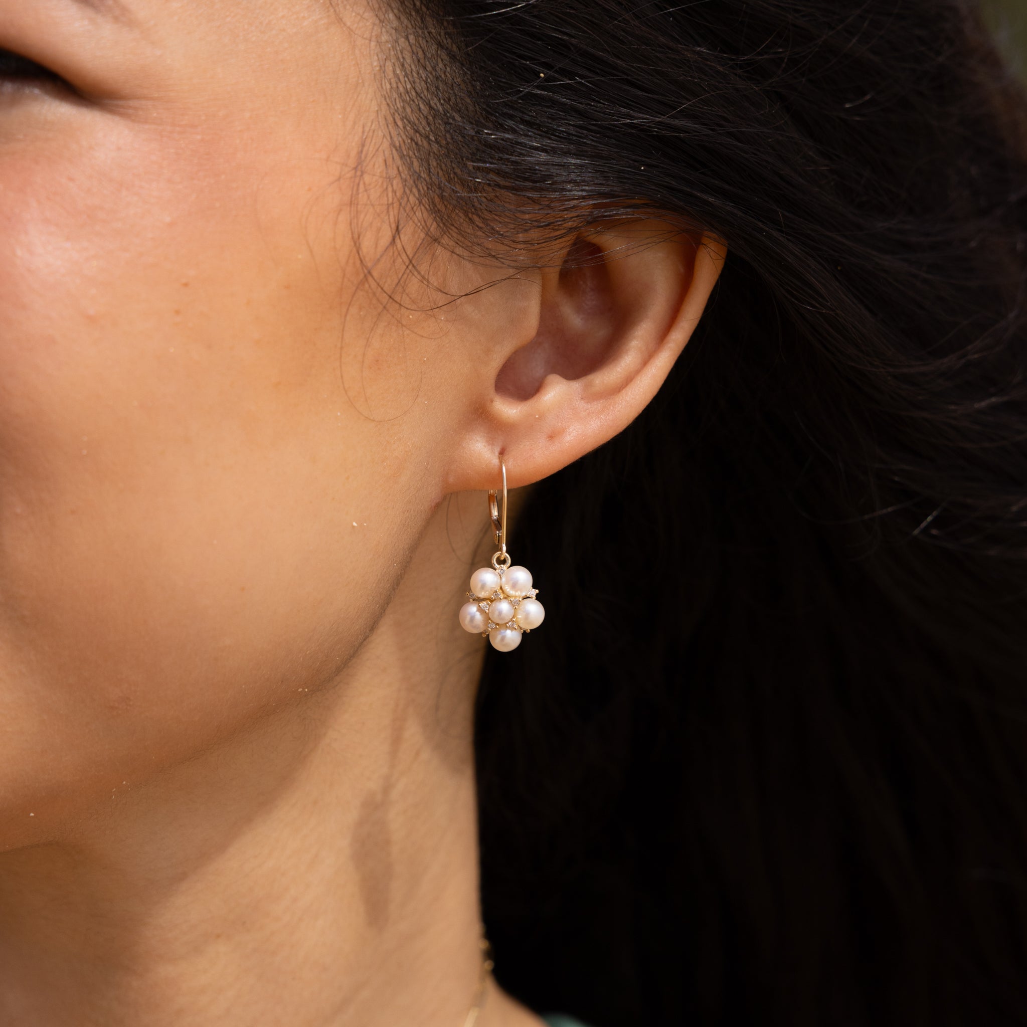 Tiny Bubbles Freshwater White Pearl Earrings in Gold with Diamonds
