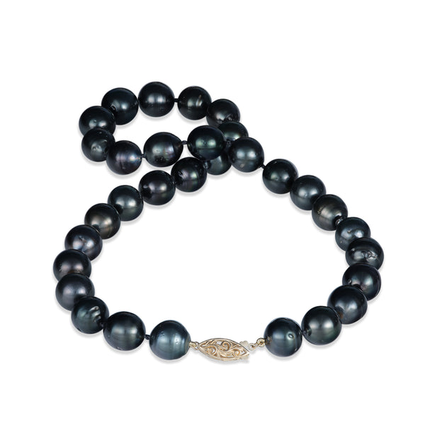 18-19 "Tahitianer schwarzer Perlenstrang mit Goldverschluss-12-14 mm