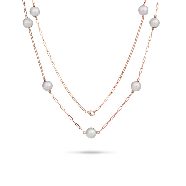 Adjustable 24" Akoya White Pearl Paperclip Chain Necklace in Rose Gold