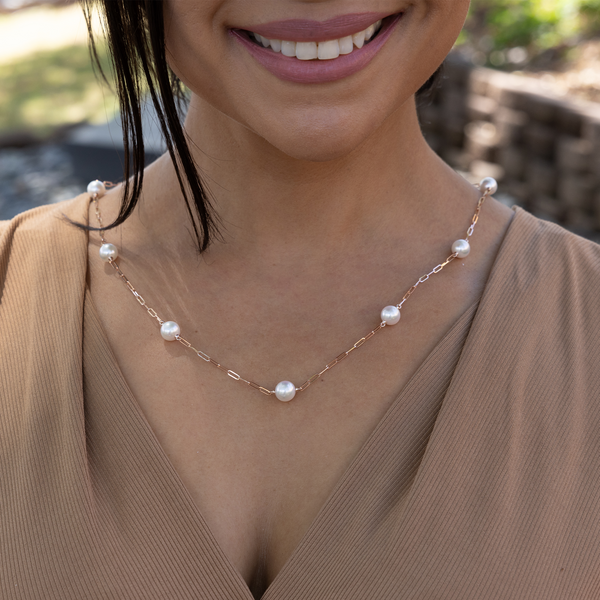 Adjustable 24" Akoya White Pearl Paperclip Chain Necklace in Rose Gold