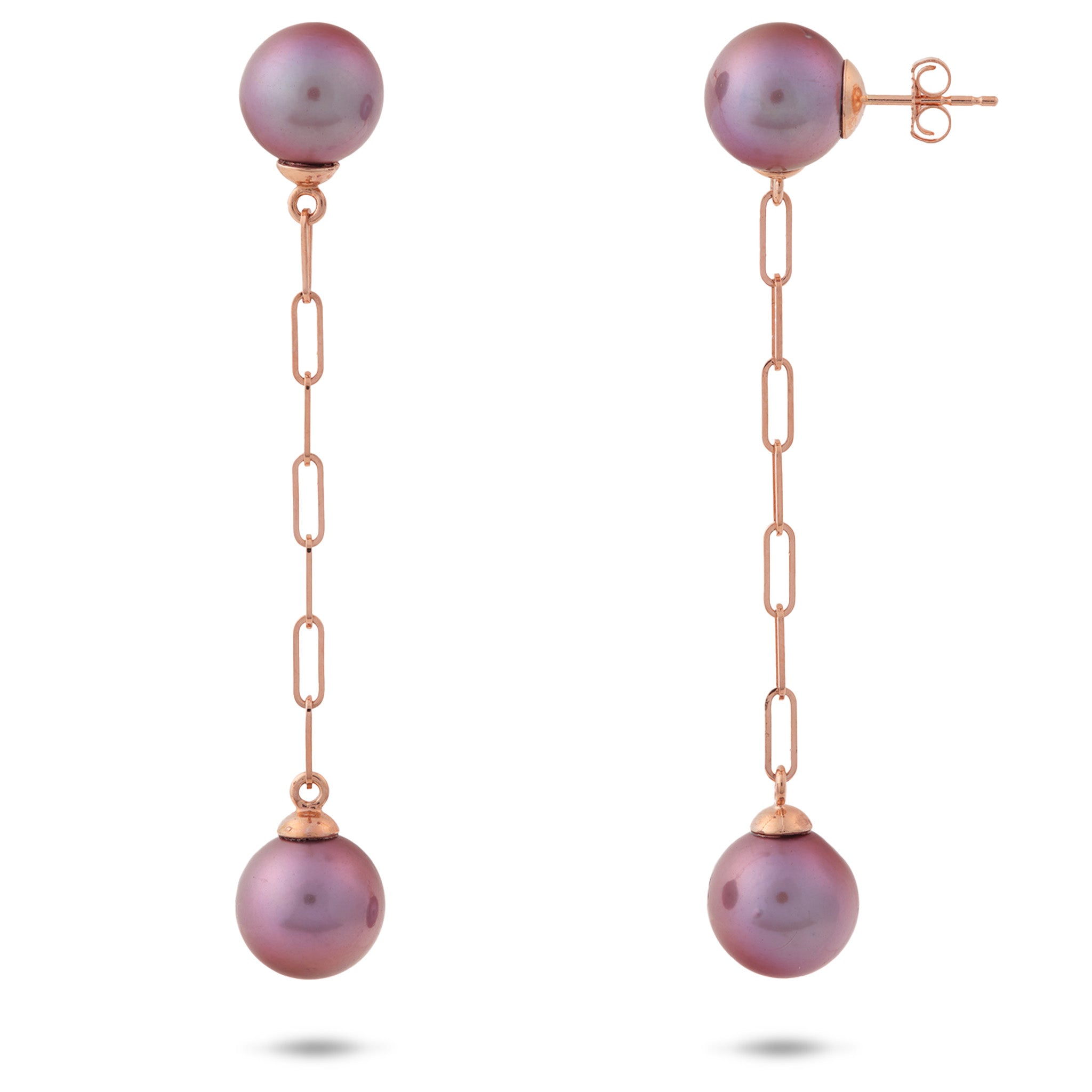 9-10mm Freshwater Ultraviolet Pearl Paperclip Chain Dangling Stud Earrings in 14k Rose Gold