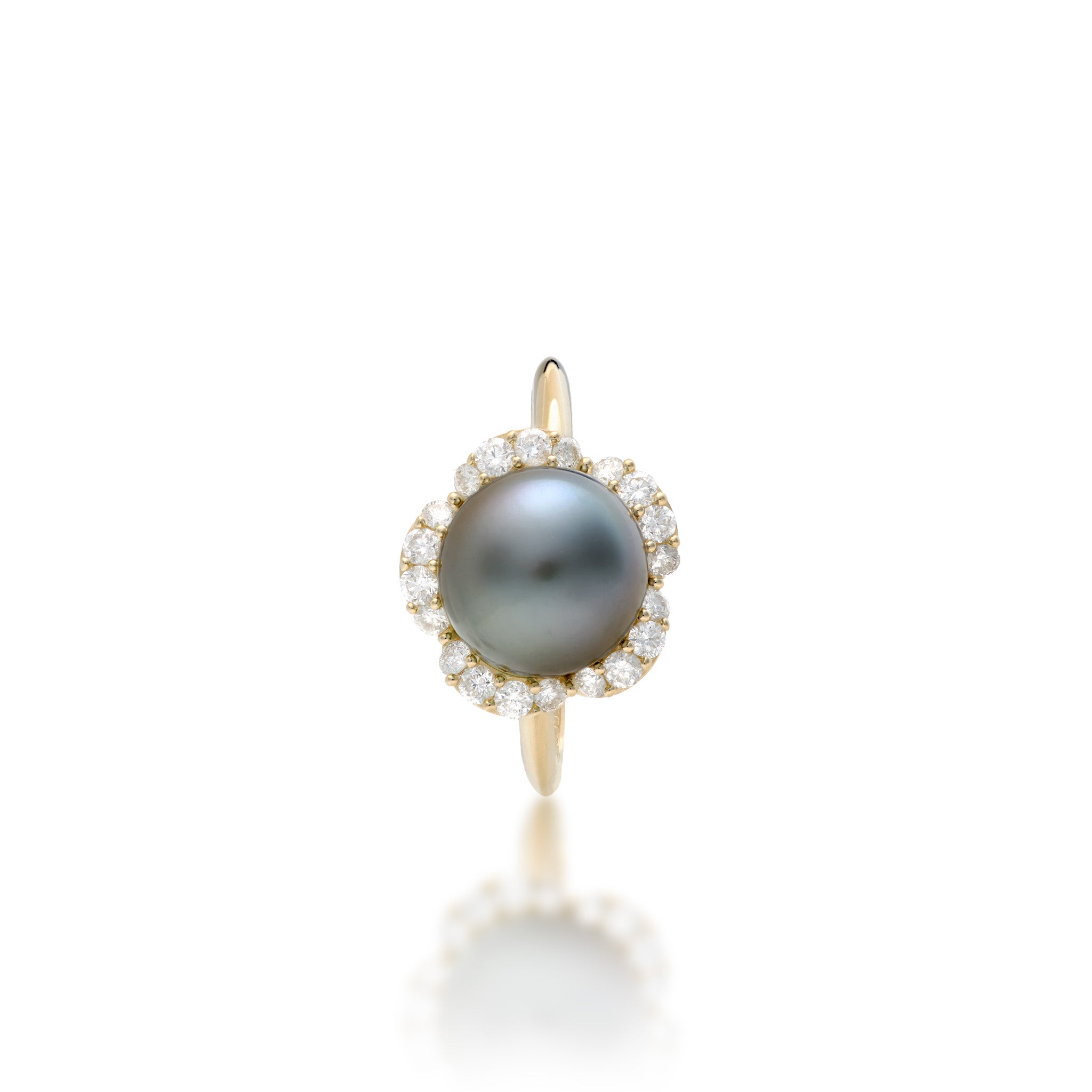 Top view of the Diamond Plumeria Tahitian Black Pearl Ring in 14k Yellow Gold on a white background