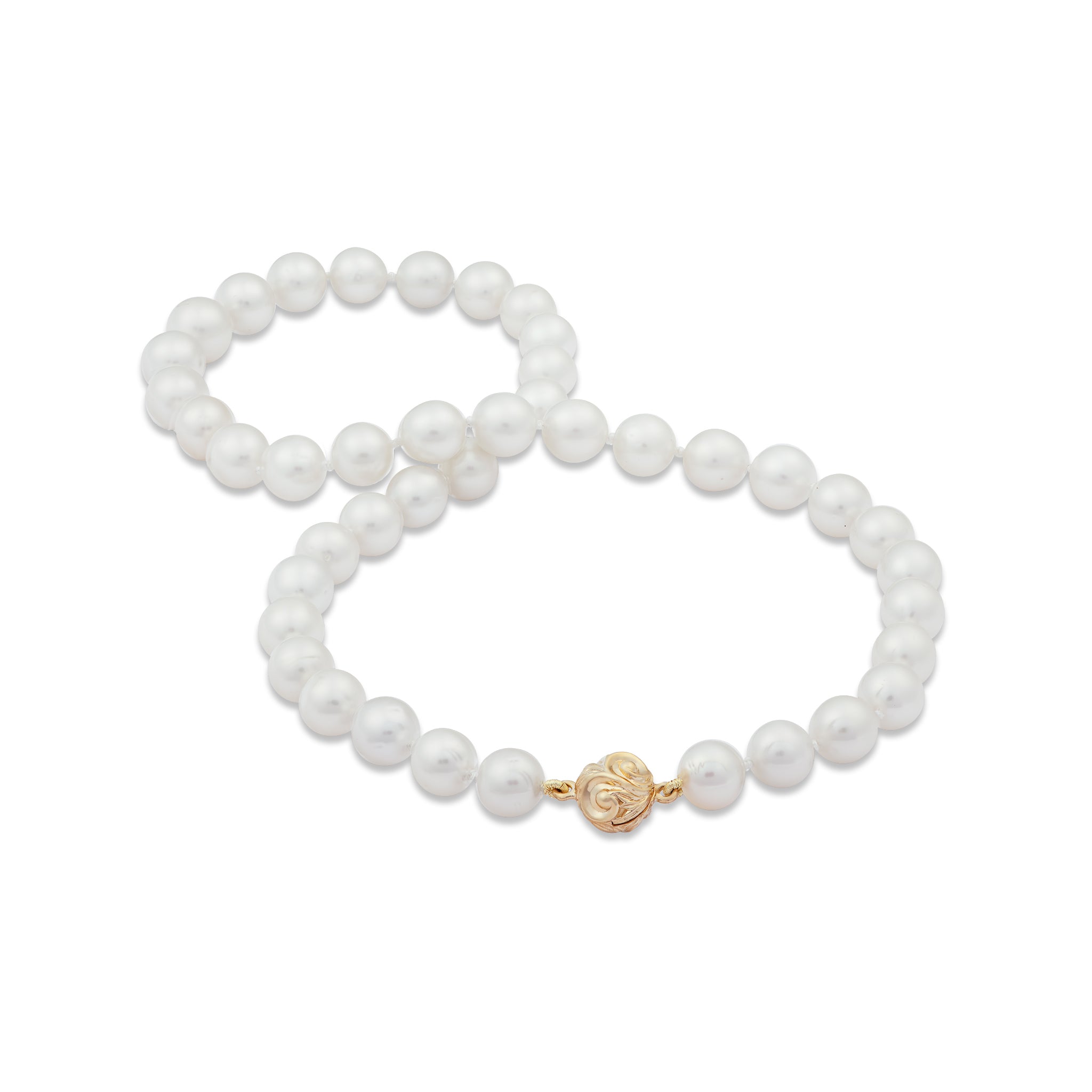 18-19" 9-10mm South Sea White Pearl Strand with Magnetic Clasp in Gold on a white background