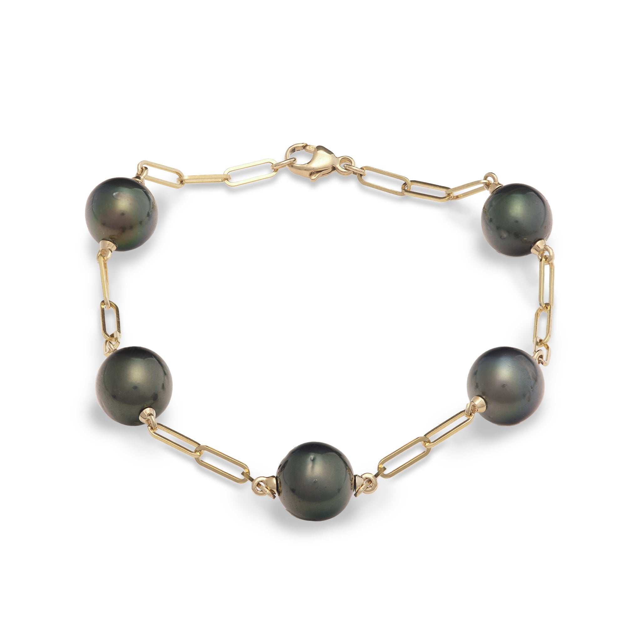 7.5-8" Paperclip Chain Tahitian Black Pearl Bracelet in Gold - 9-10mm