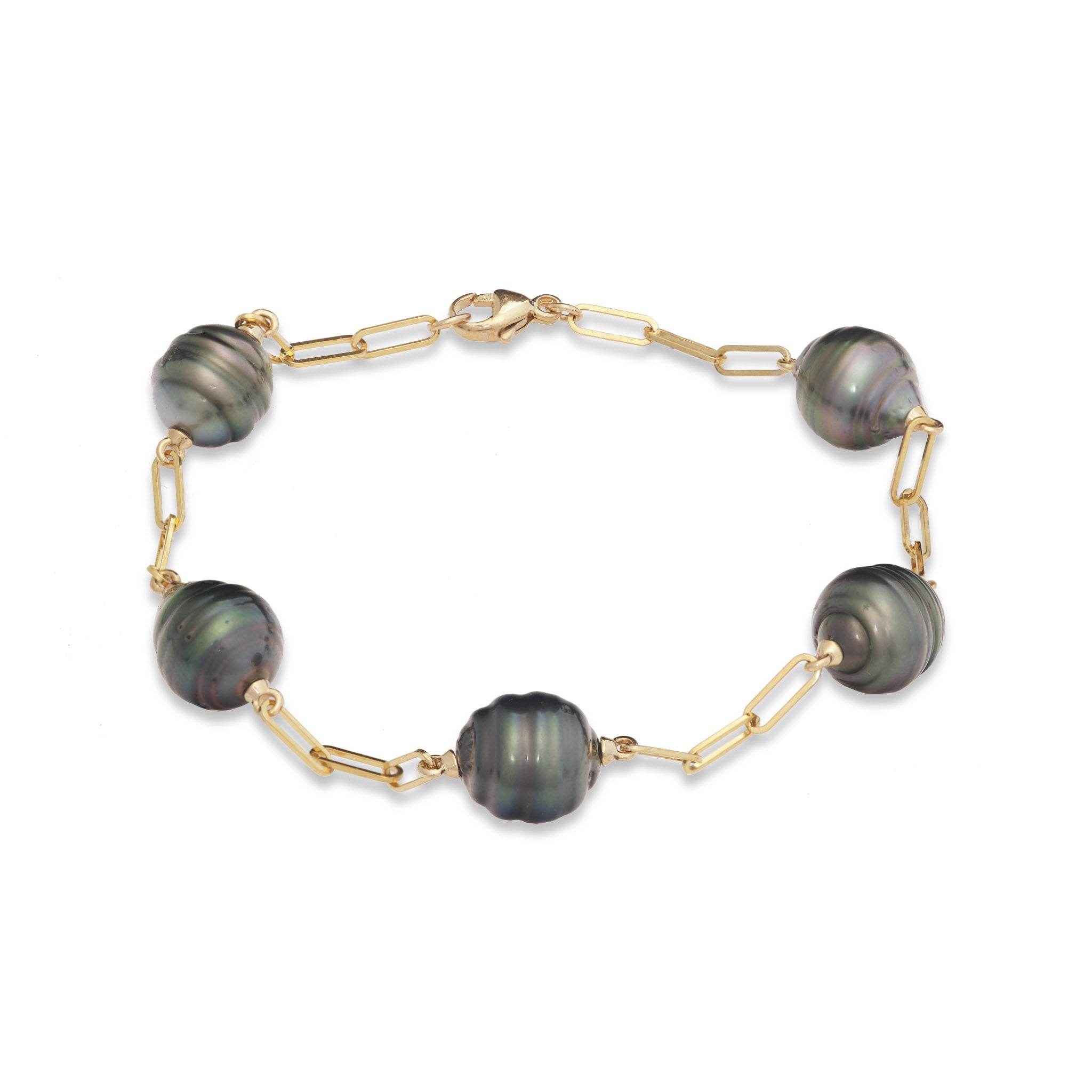 7.5-8" Paperclip Chain Tahitian Black Pearl Bracelet in Gold - 9-10mm