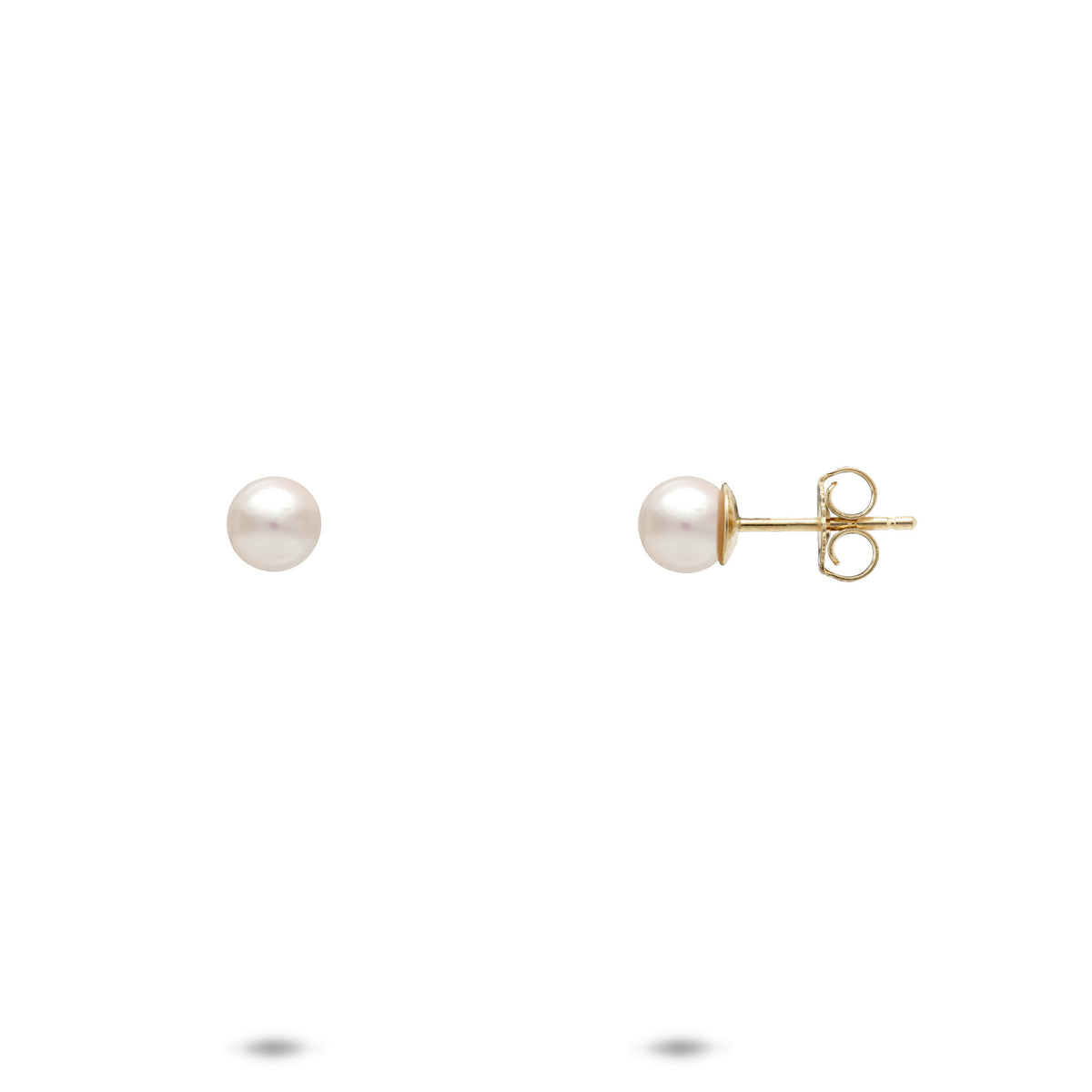 A pair of 4.5-5mm Akoya White Pearl  stud earrings set in 14k yellow gold posts, shown against a solid white background with one earring facing forward and the other showing the post and butterfly back.