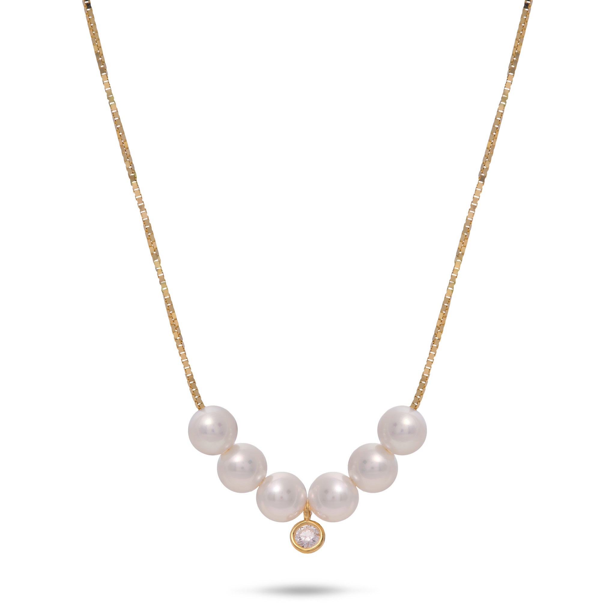 16-18" Adjustable Akoya White Pearl Necklace in Gold with Diamond - 4.5-5mm