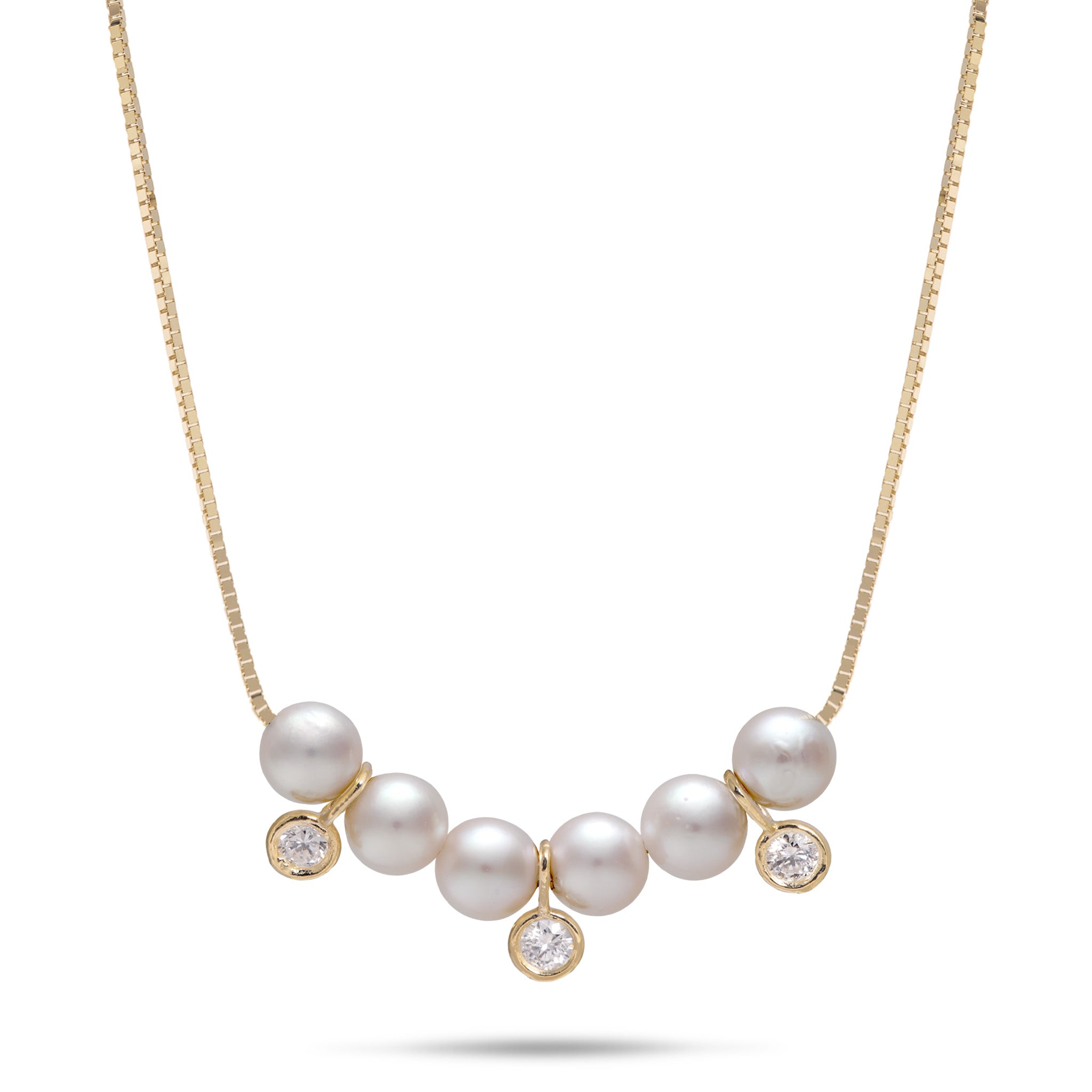 A 14k yellow gold chain necklace featuring a row of six 4.5-5mm white freshwater pearls with small diamonds set in gold, shown on a clean white background.