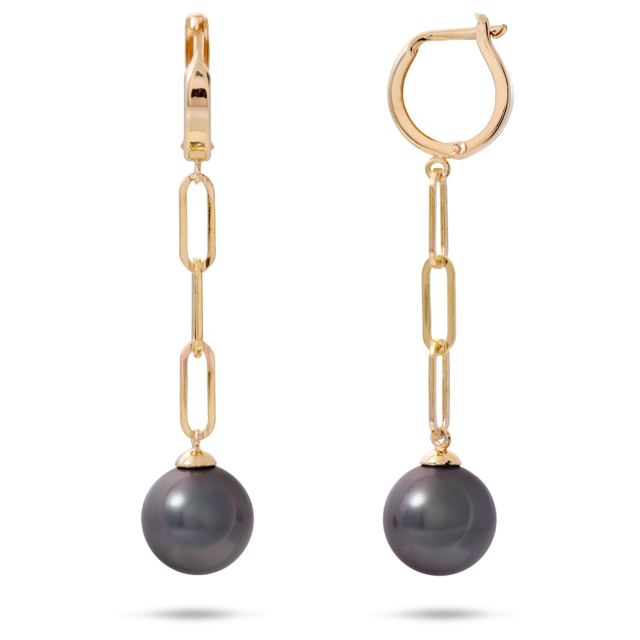 Tahitian Black Pearl Paperclip Chain Earrings in Gold - 10-11mm