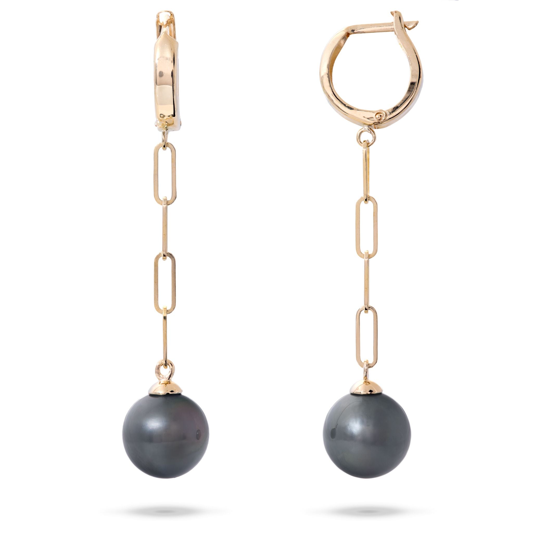 Tahitian Black Pearl Paperclip Chain Earrings in Gold - 9-11mm