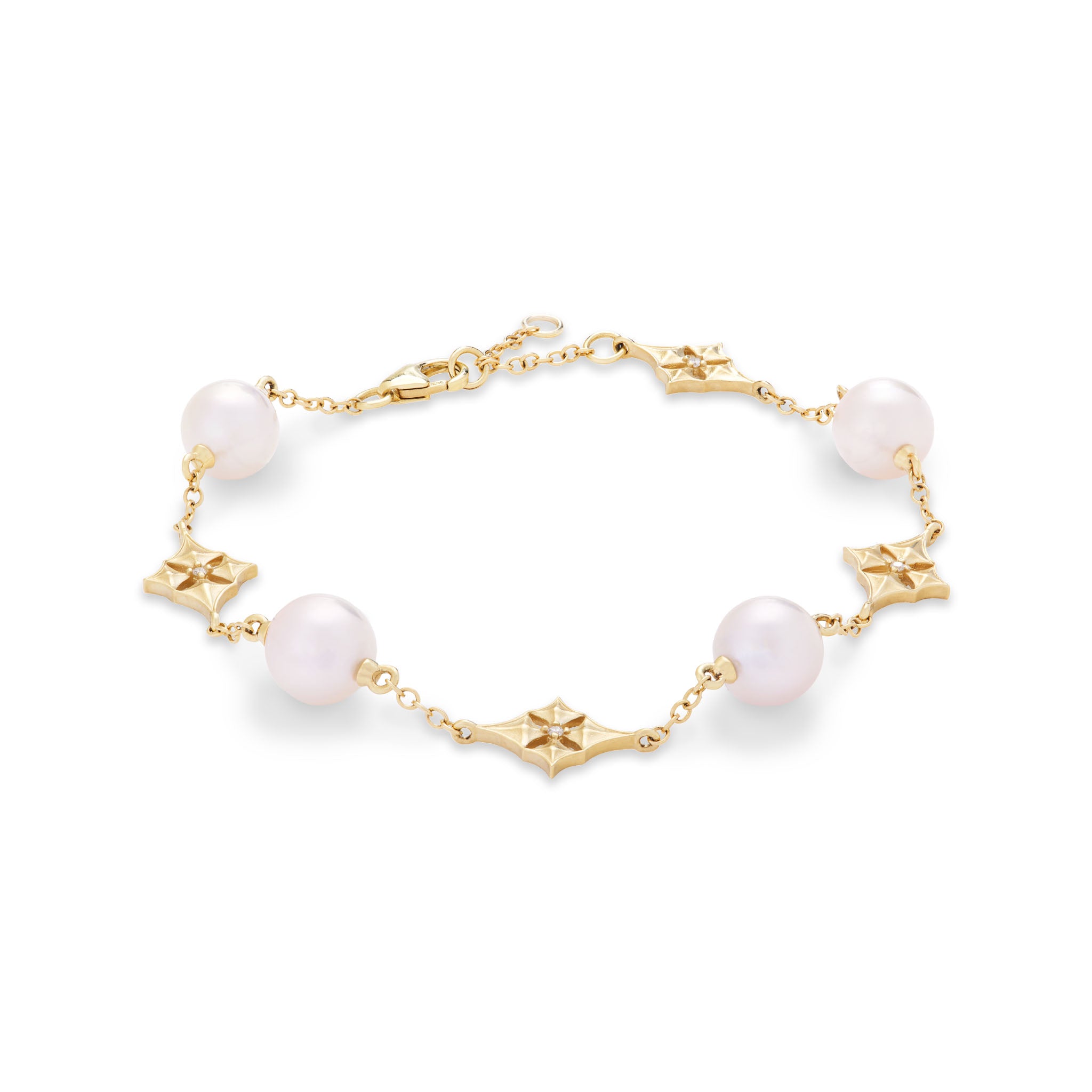 7-8" Hawaiian Quilted Star Akoya White Pearl Bracelet in Gold with Diamonds - 8mm