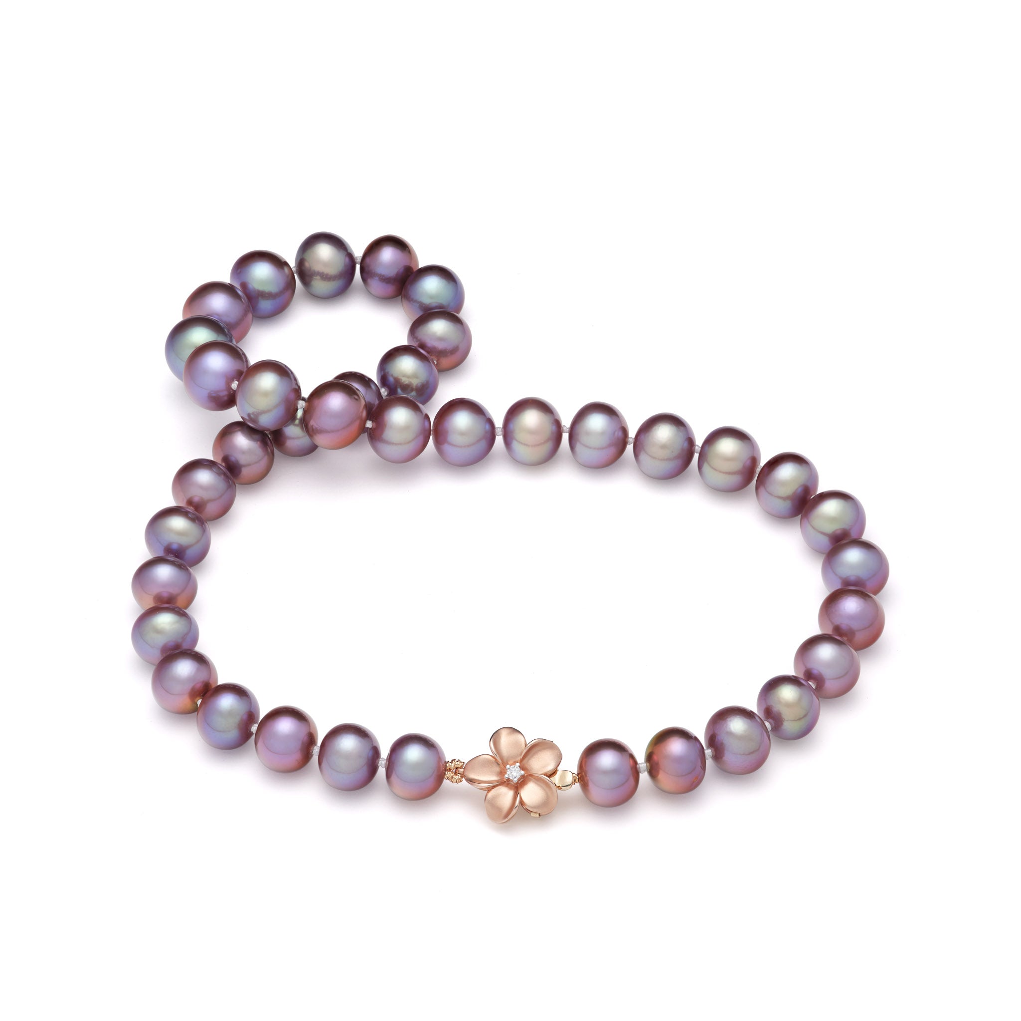 20" Freshwater Pearl Strand with Diamond Plumeria Clasp in Rose Gold - 9-13mm